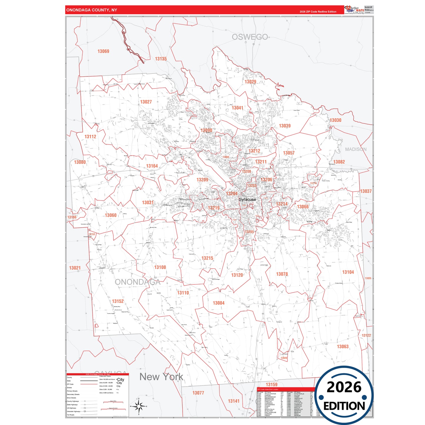 Onondaga County, NY Red Line 5 Digit ZIP Code Wall Map