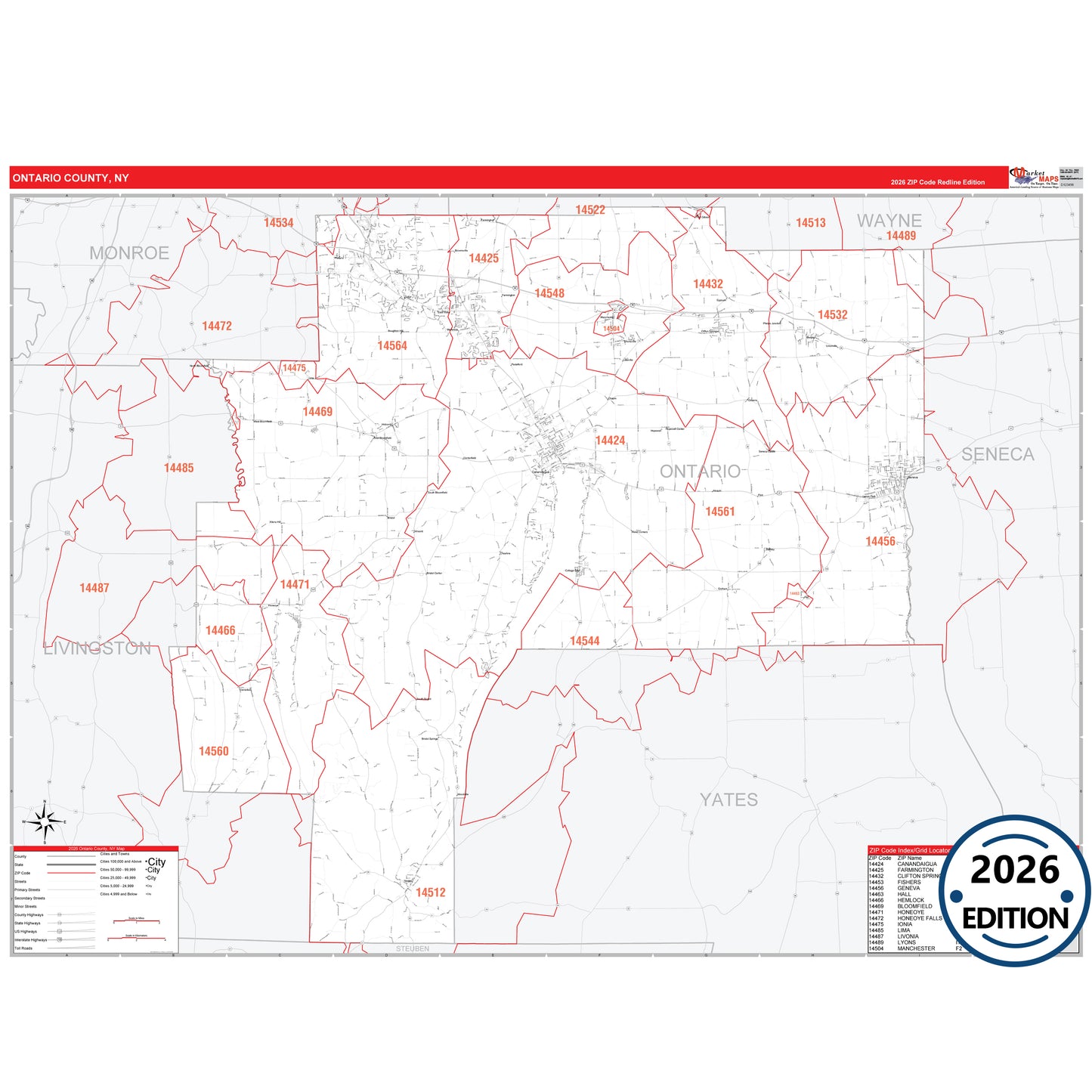 Ontario County, NY Red Line 5 Digit ZIP Code Wall Map