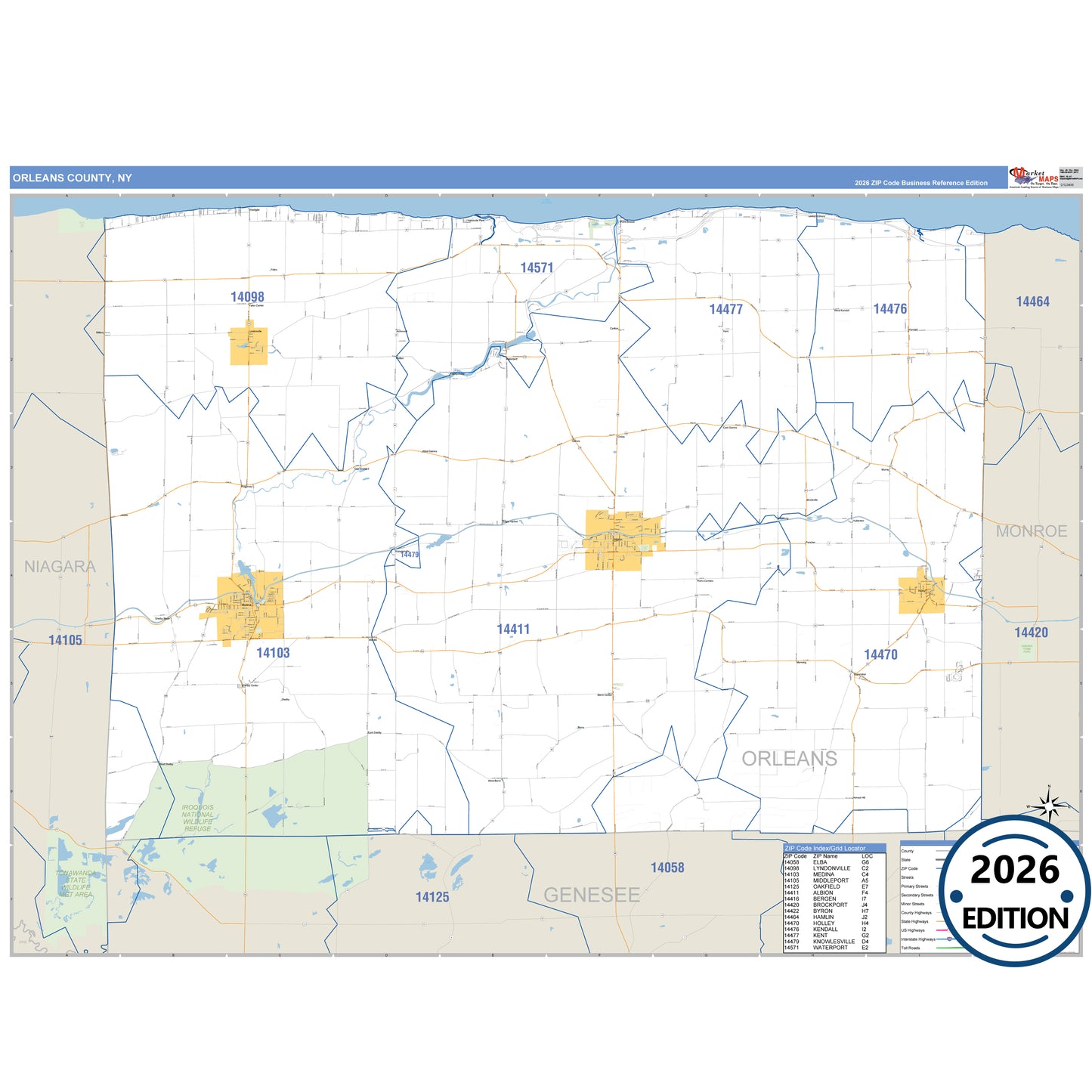 Orleans County, NY Business Reference 5 Digit ZIP Code Wall Map