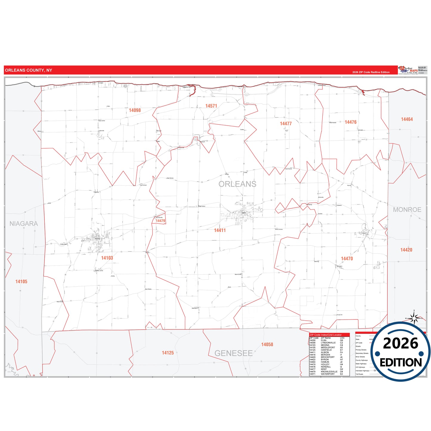 Orleans County, NY Red Line 5 Digit ZIP Code Wall Map
