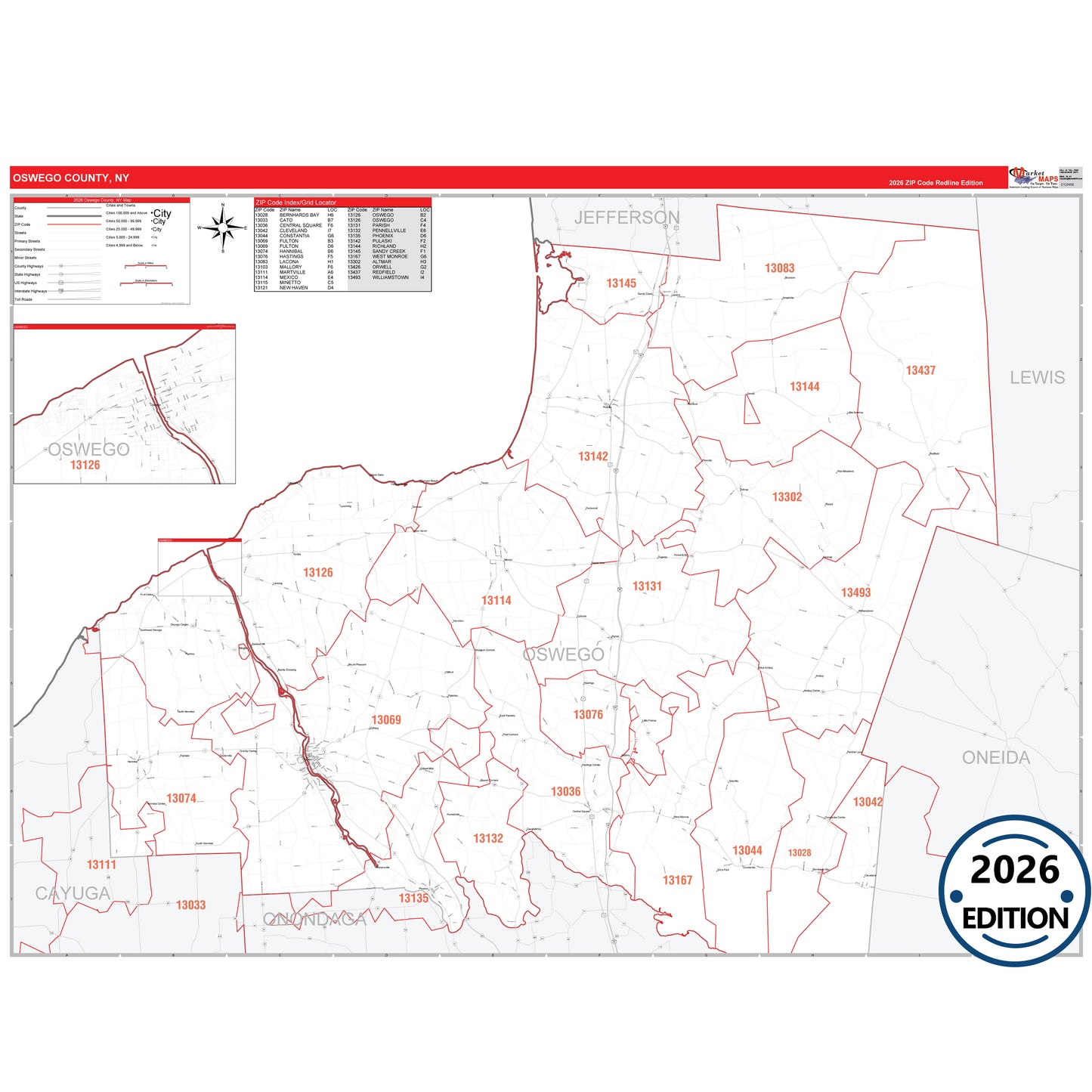 Oswego County, NY Red Line 5 Digit ZIP Code Wall Map