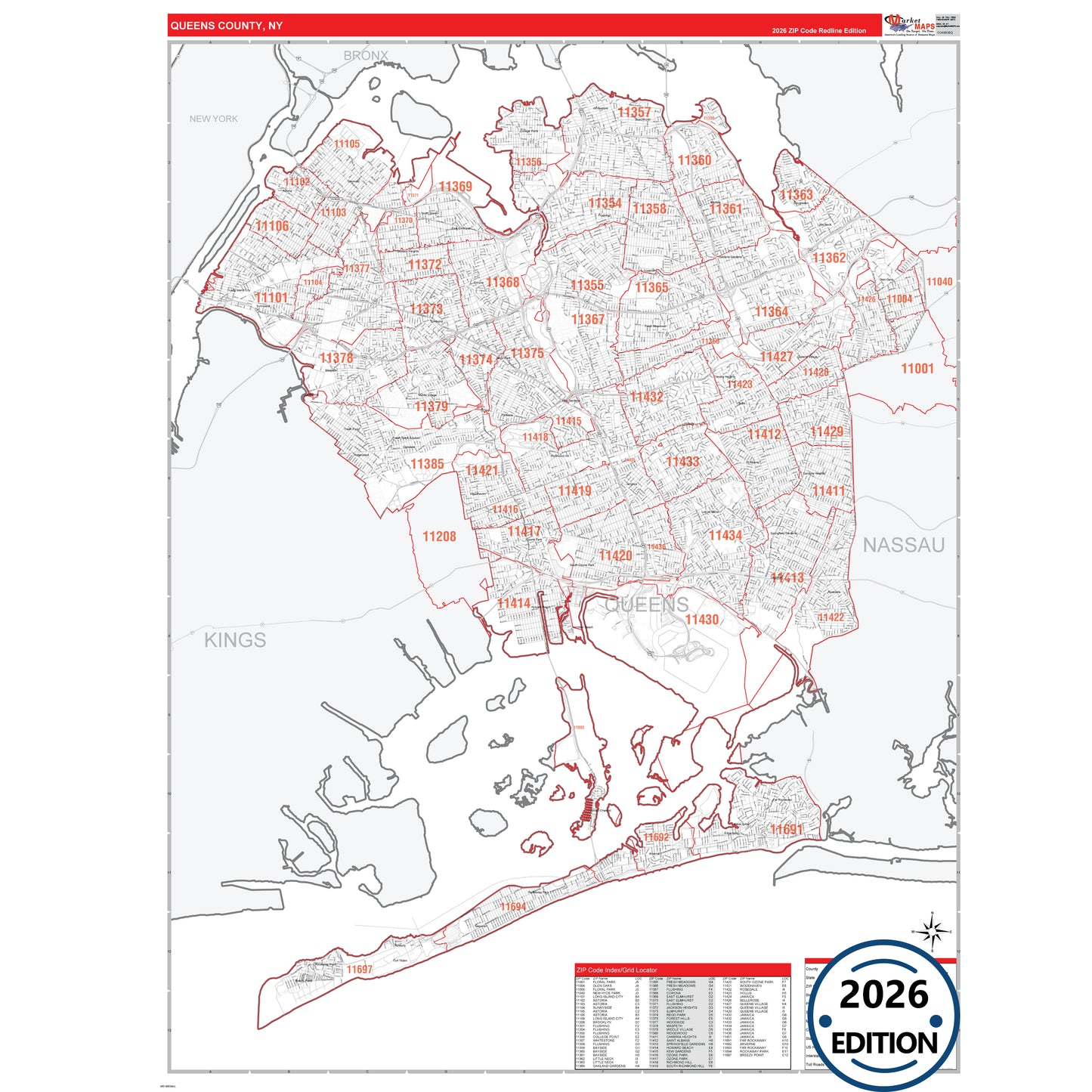 Queens County, NY Red Line 5 Digit ZIP Code Wall Map