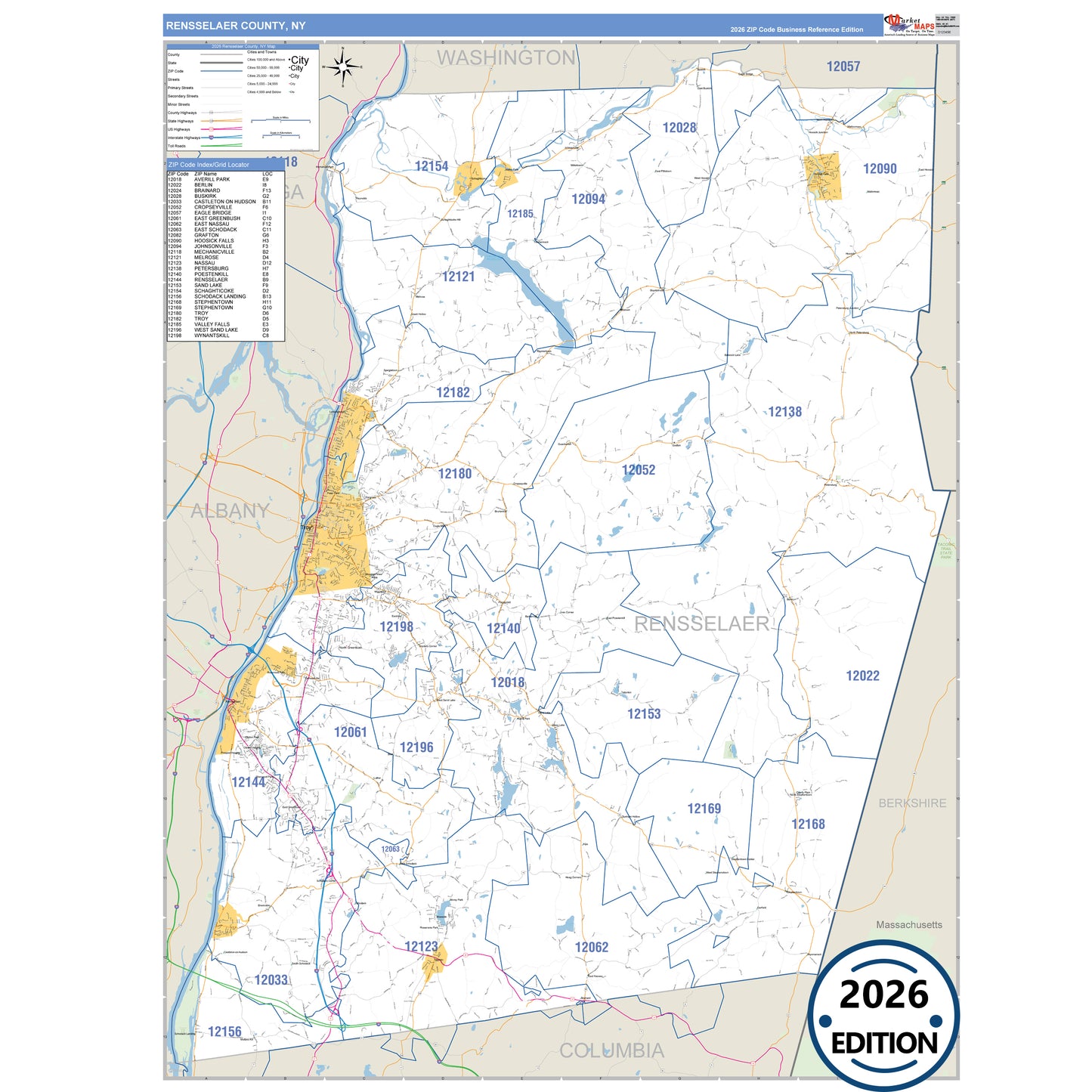 Rensselaer County, NY Business Reference 5 Digit ZIP Code Wall Map
