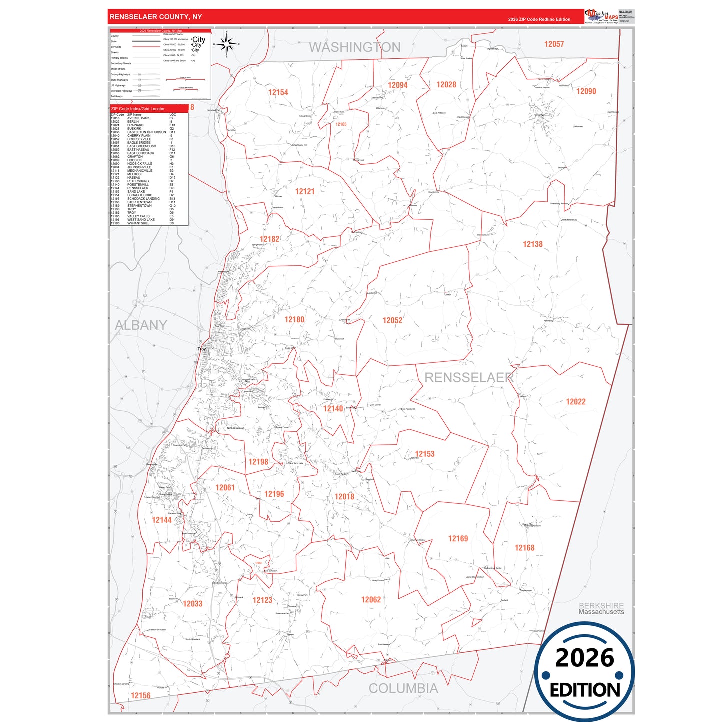 Rensselaer County, NY Red Line 5 Digit ZIP Code Wall Map