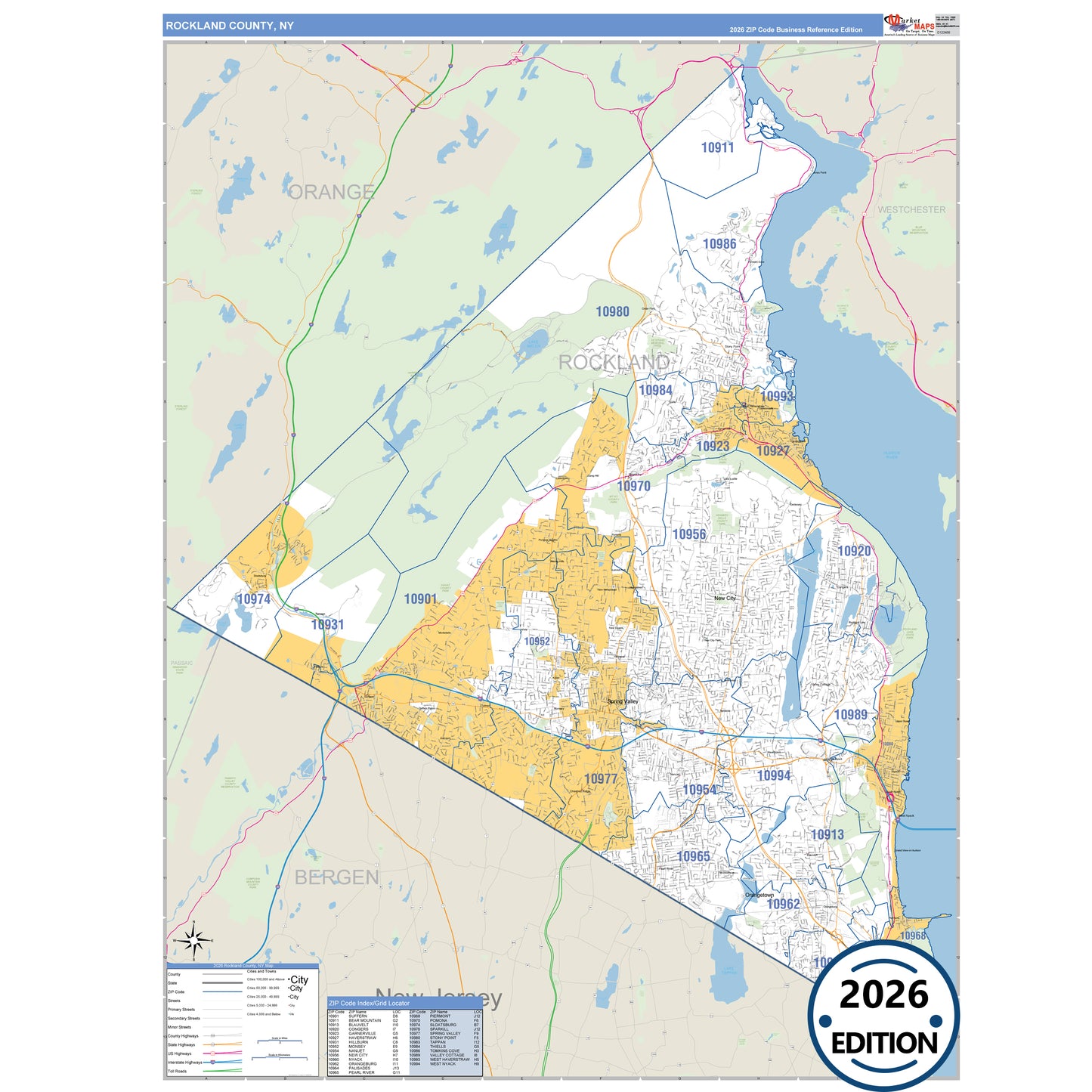 Rockland County, NY Business Reference 5 Digit ZIP Code Wall Map