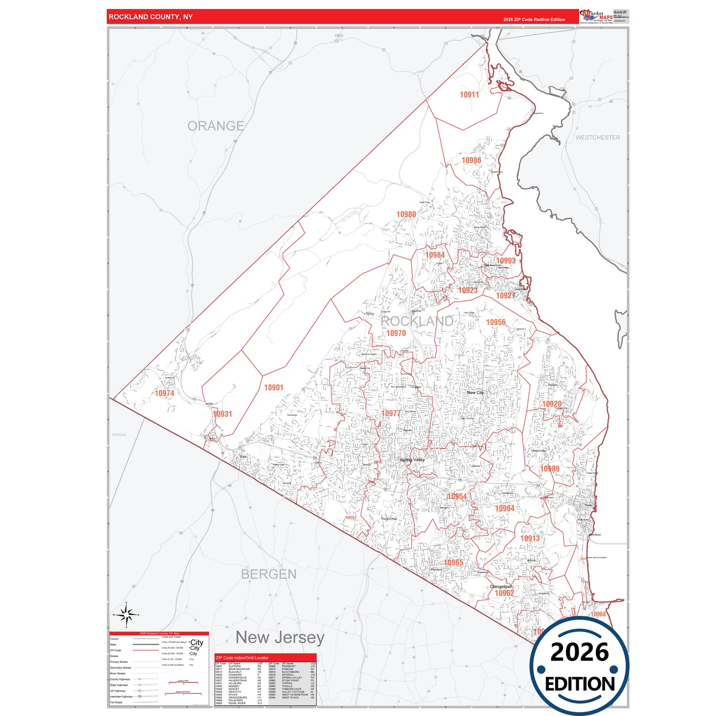 Rockland County, NY Red Line 5 Digit ZIP Code Wall Map