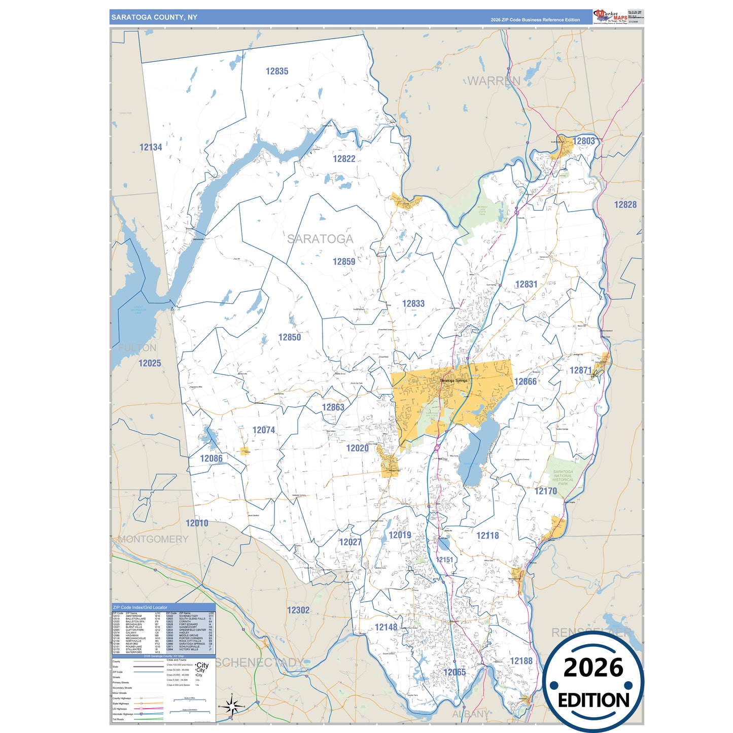 Saratoga County, NY Business Reference 5 Digit ZIP Code Wall Map