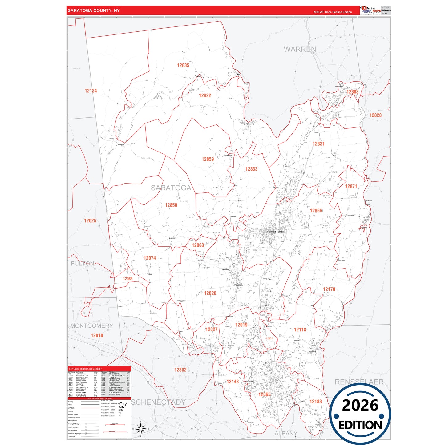 Saratoga County, NY Red Line 5 Digit ZIP Code Wall Map