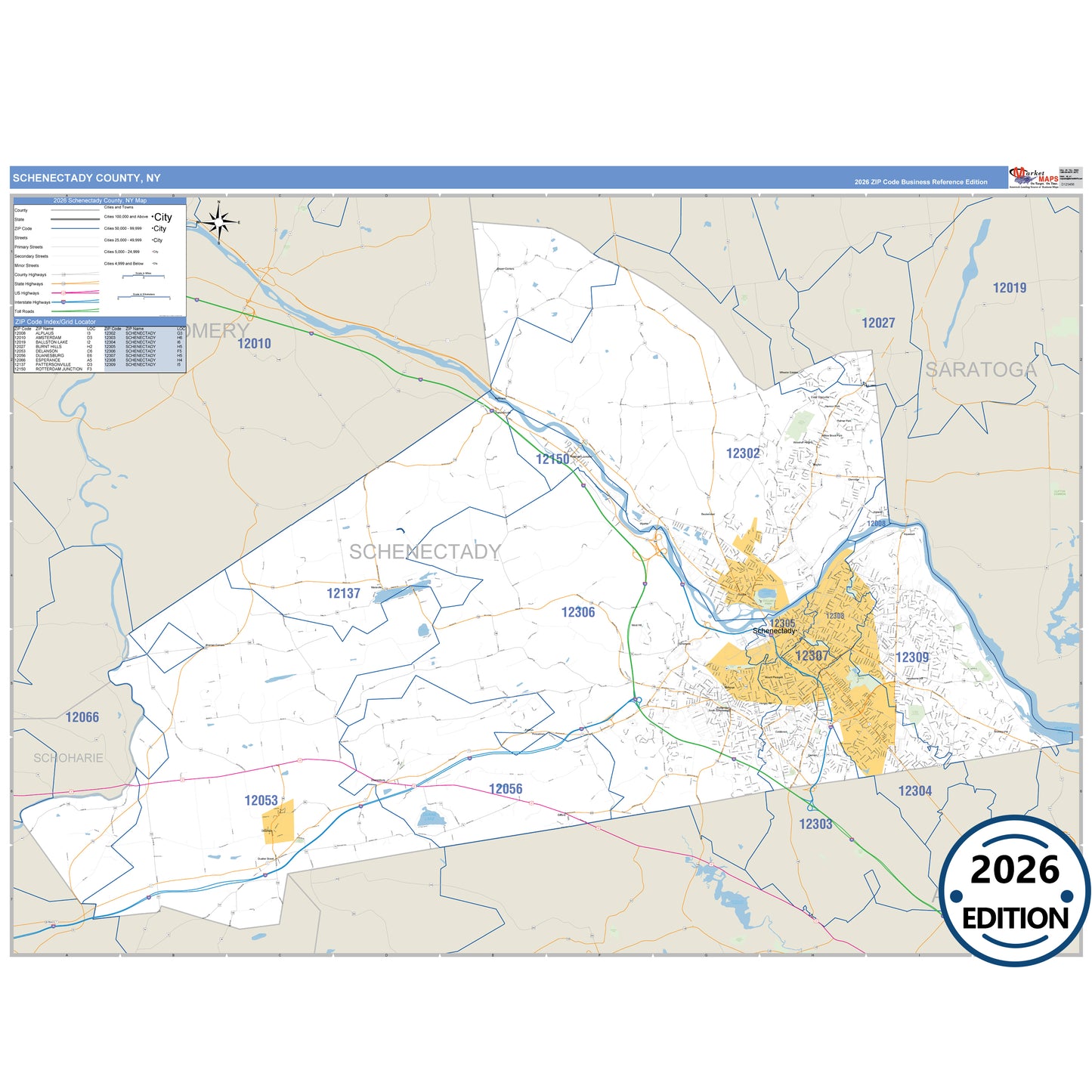 Schenectady County, NY Business Reference 5 Digit ZIP Code Wall Map