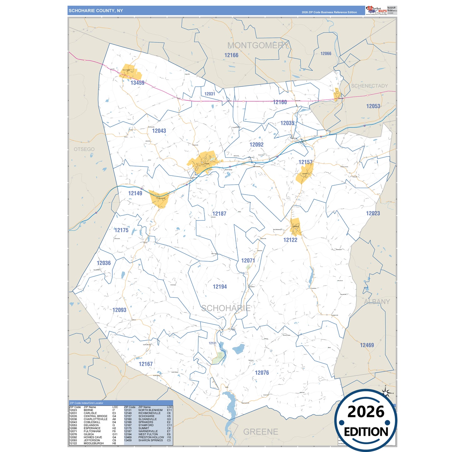 Schoharie County, NY Business Reference 5 Digit ZIP Code Wall Map