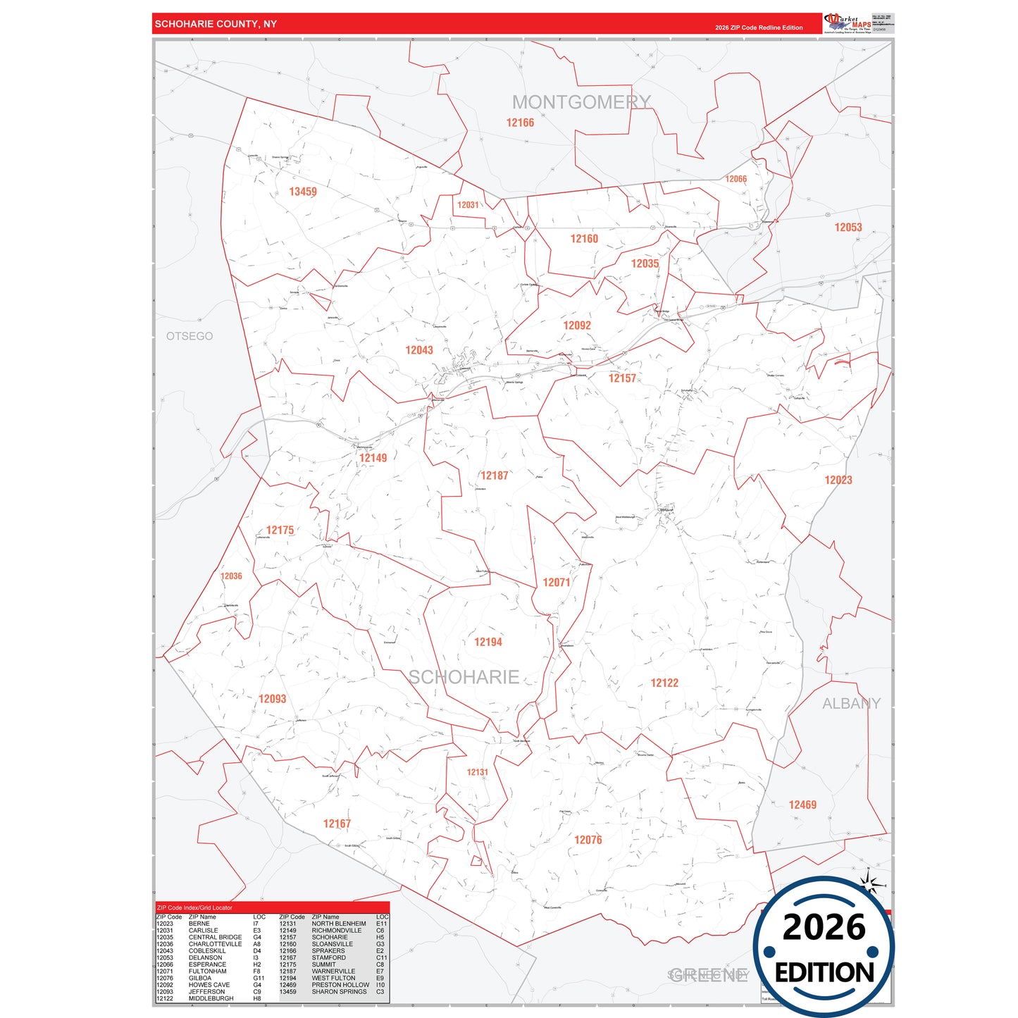 Schoharie County, NY Red Line 5 Digit ZIP Code Wall Map