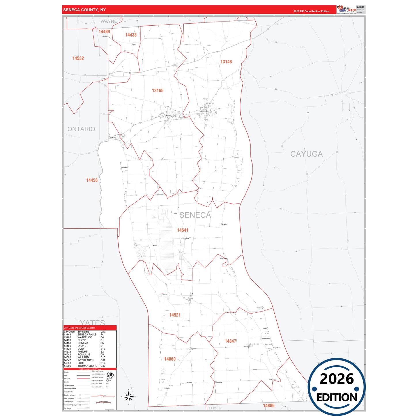 Seneca County, NY Red Line 5 Digit ZIP Code Wall Map