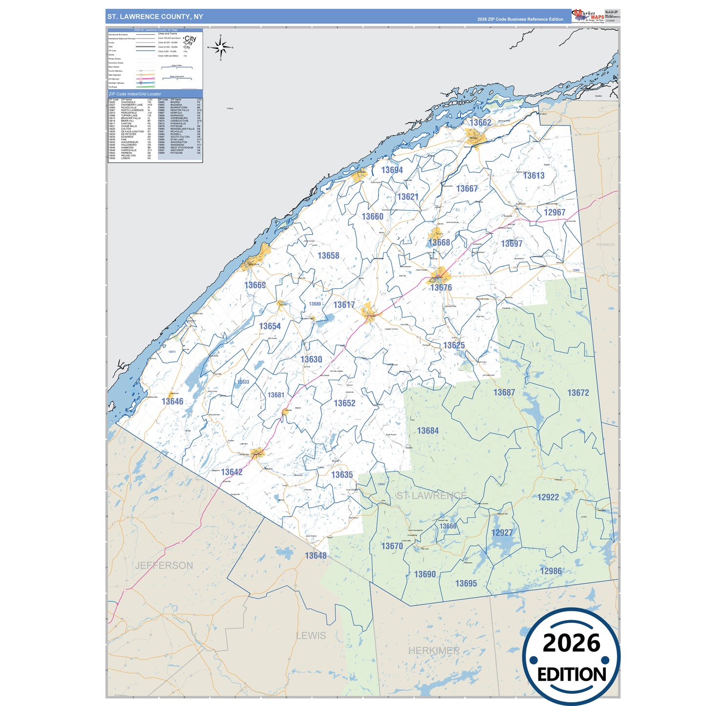 St. Lawrence County, NY Business Reference 5 Digit ZIP Code Wall Map