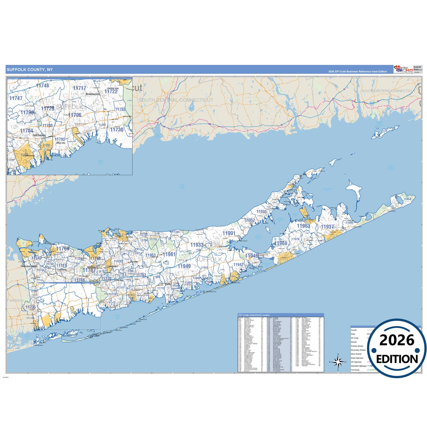 Suffolk County, NY Business Reference 5 Digit ZIP Code Wall Map