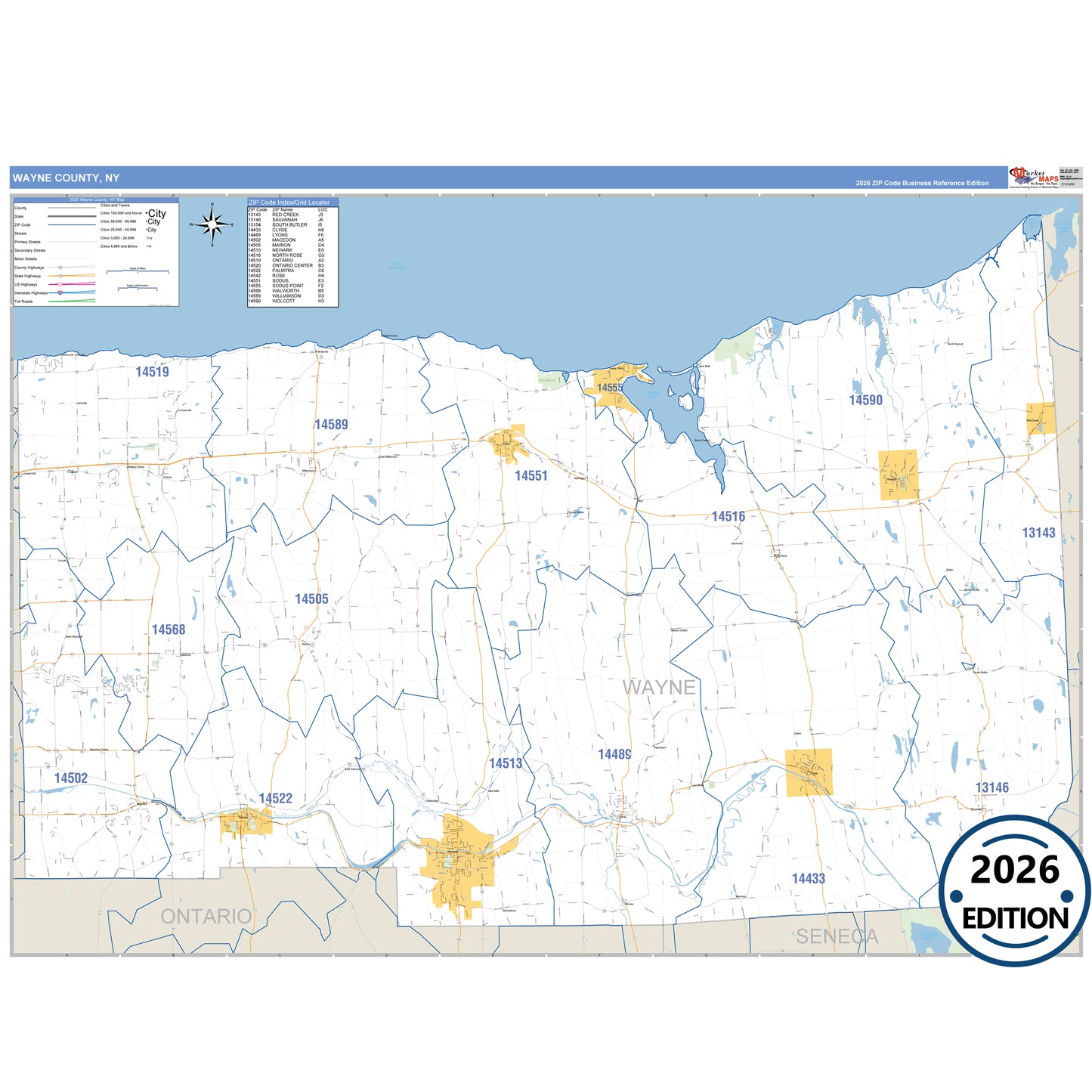 Wayne County, NY Business Reference 5 Digit ZIP Code Wall Map