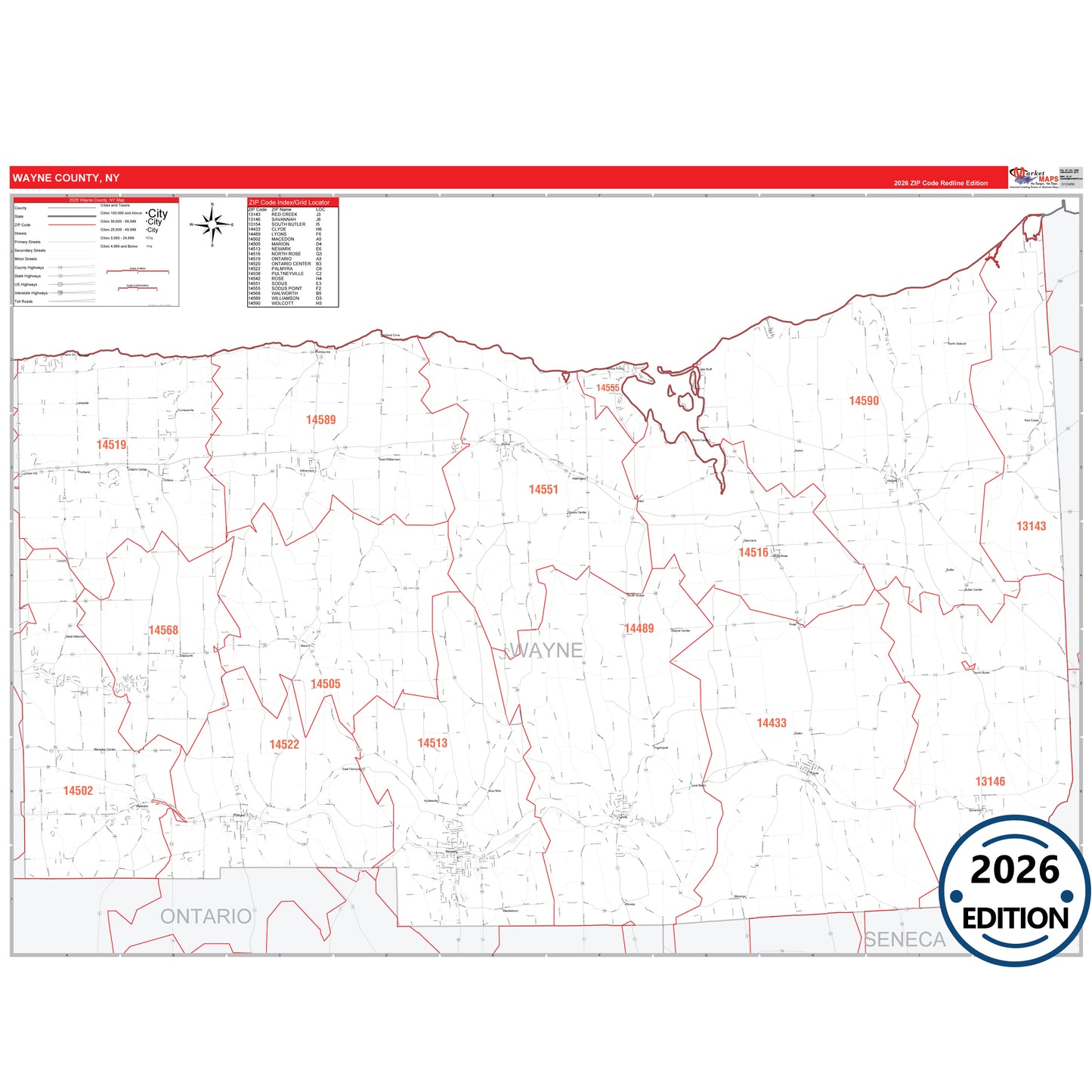 Wayne County, NY Red Line 5 Digit ZIP Code Wall Map