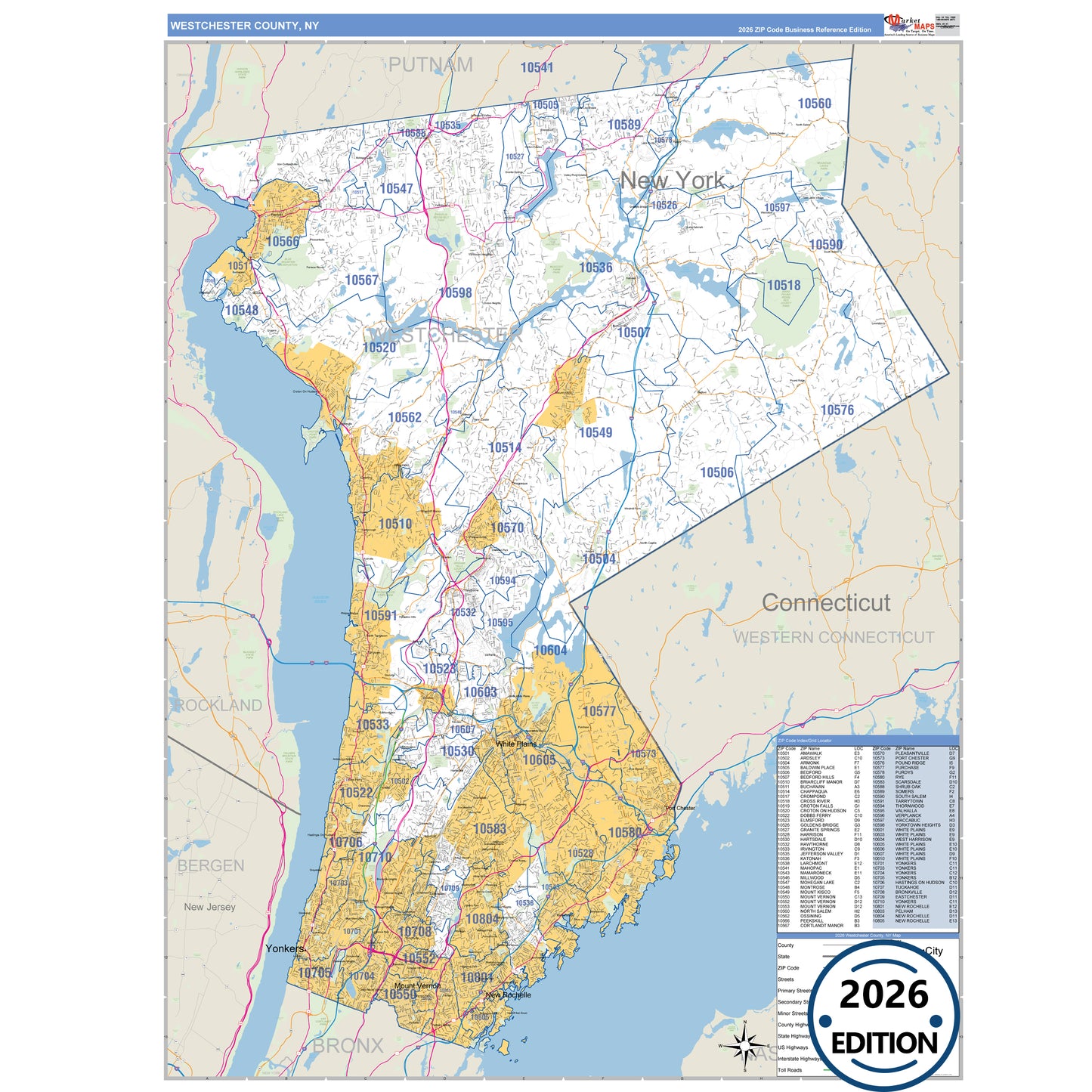 Westchester County, NY Business Reference 5 Digit ZIP Code Wall Map