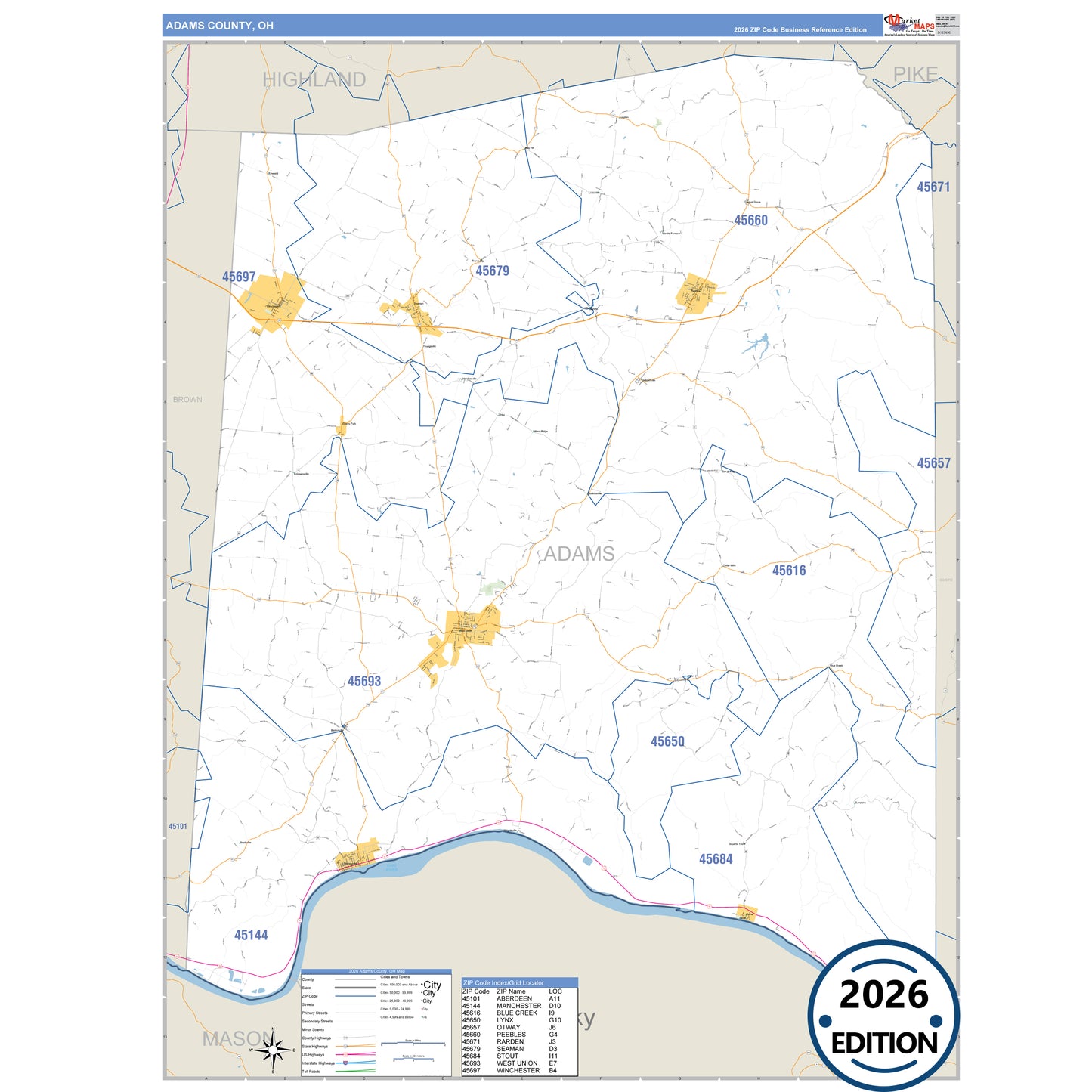 Adams County, OH Business Reference 5 Digit ZIP Code Wall Map