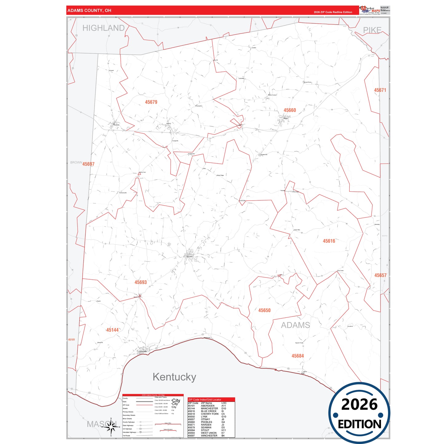Adams County, OH Red Line 5 Digit ZIP Code Wall Map