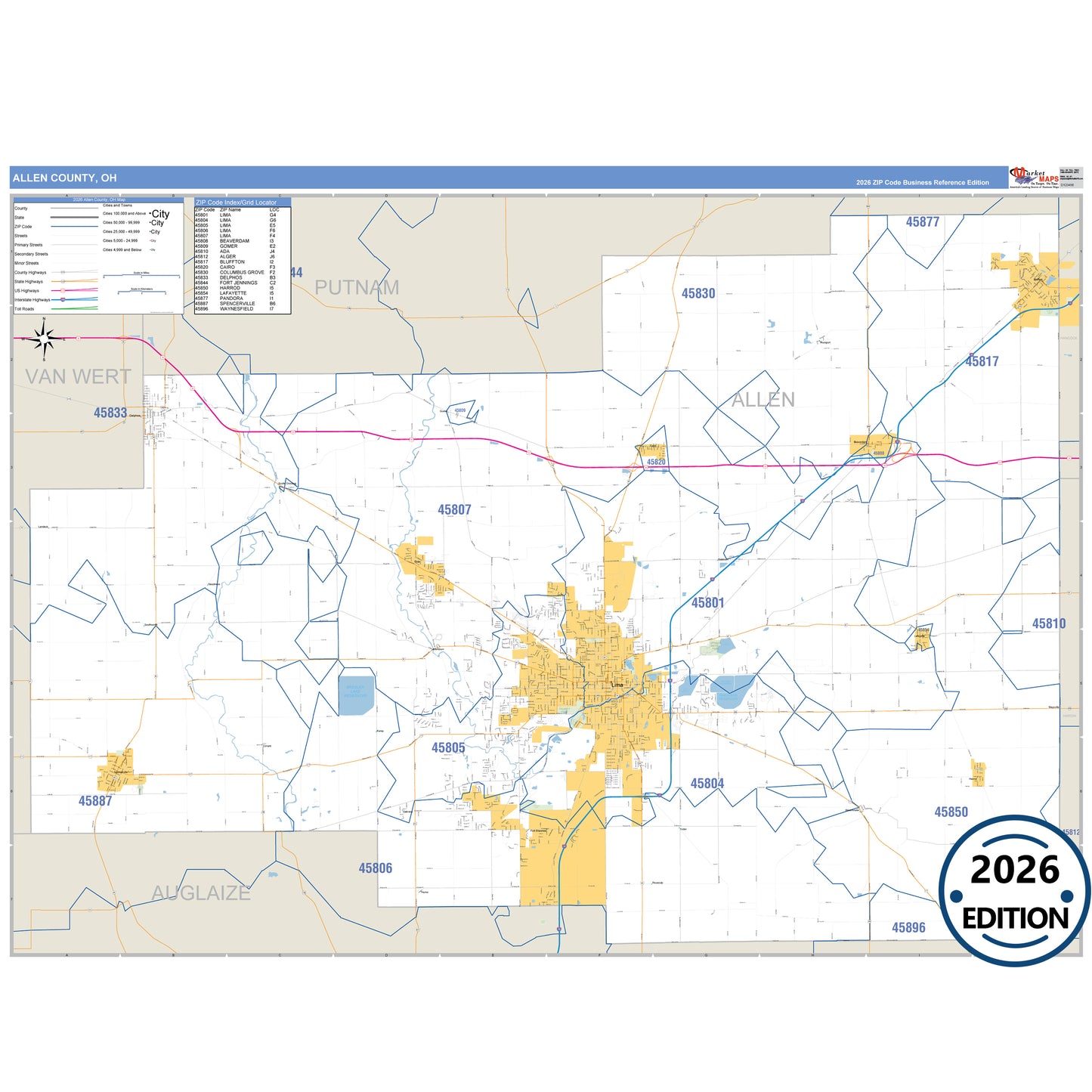 Allen County, OH Business Reference 5 Digit ZIP Code Wall Map