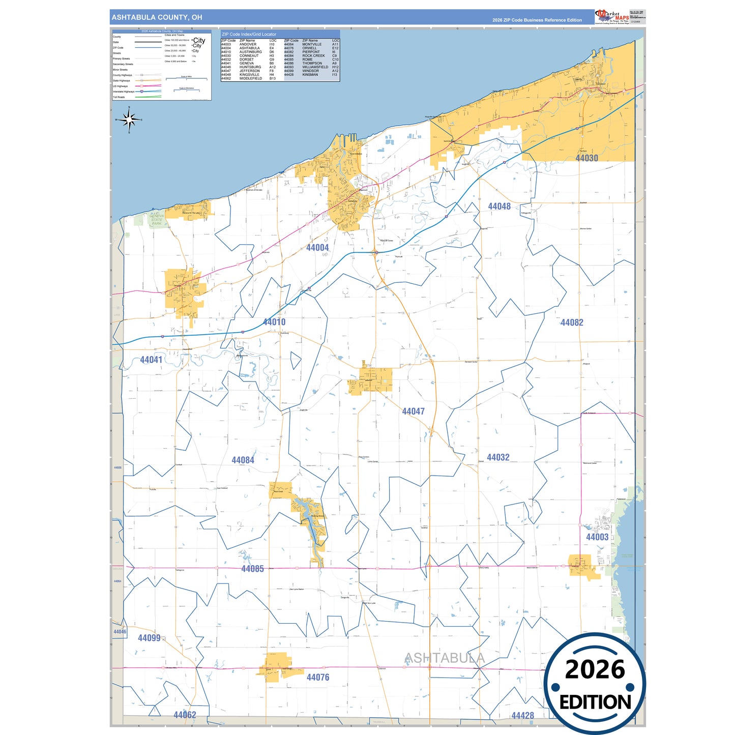 Ashtabula County, OH Business Reference 5 Digit ZIP Code Wall Map