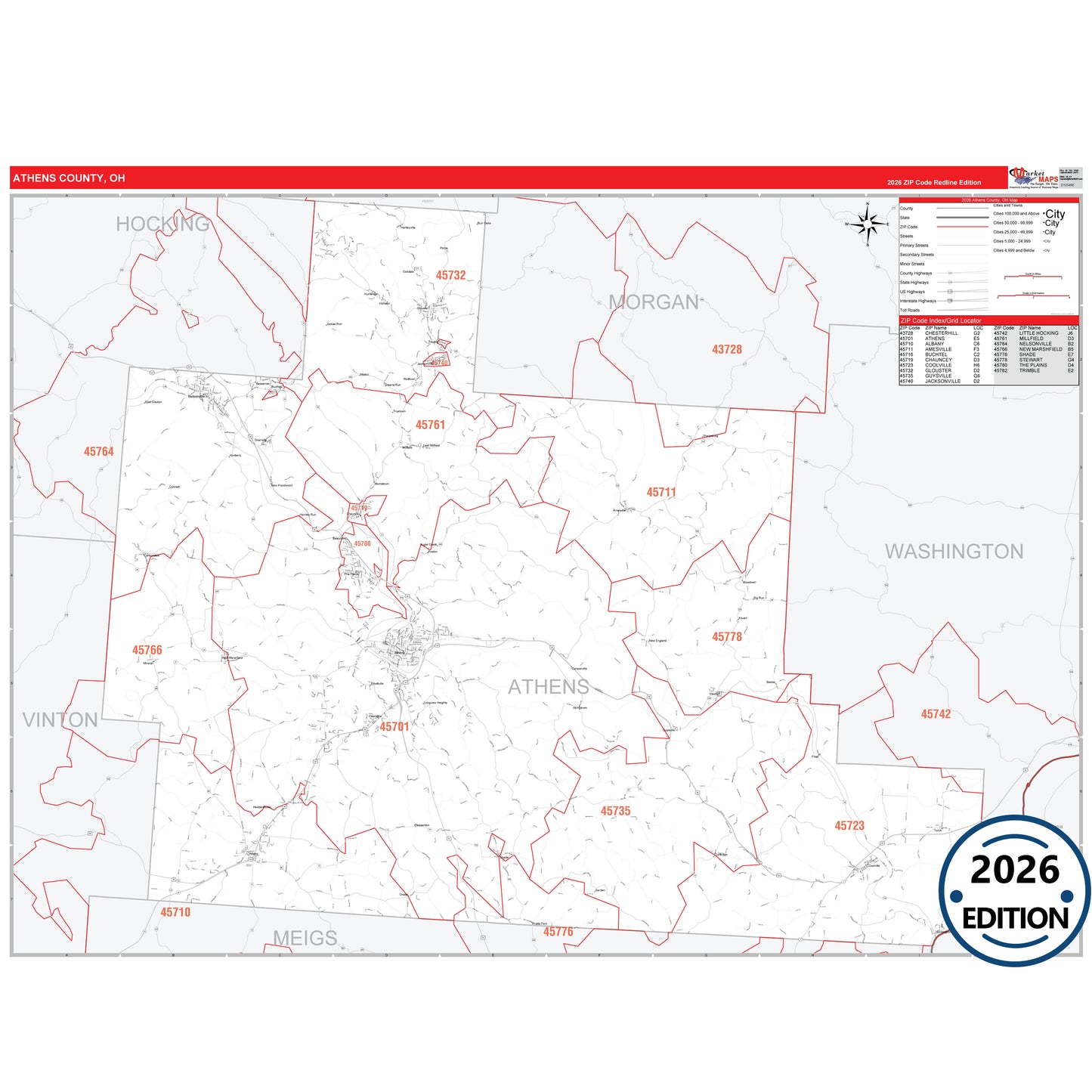 Athens County, OH Red Line 5 Digit ZIP Code Wall Map