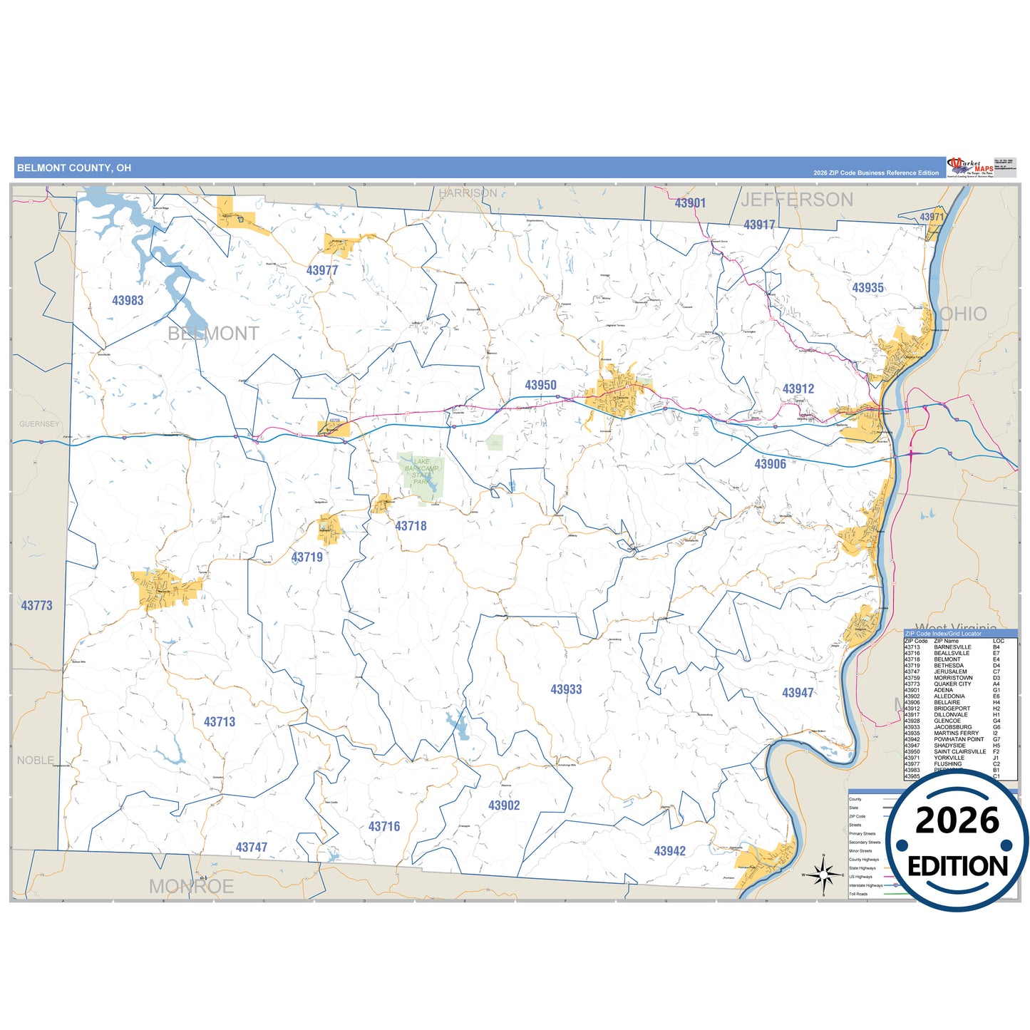 Belmont County, OH Business Reference 5 Digit ZIP Code Wall Map