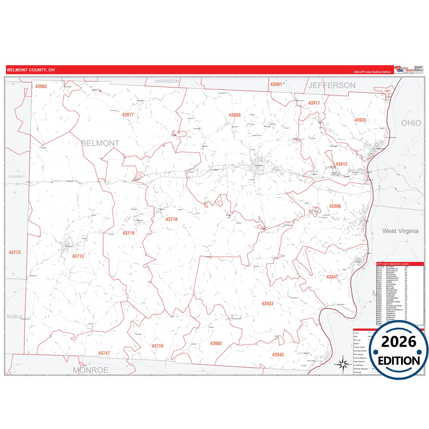 Belmont County, OH Red Line 5 Digit ZIP Code Wall Map