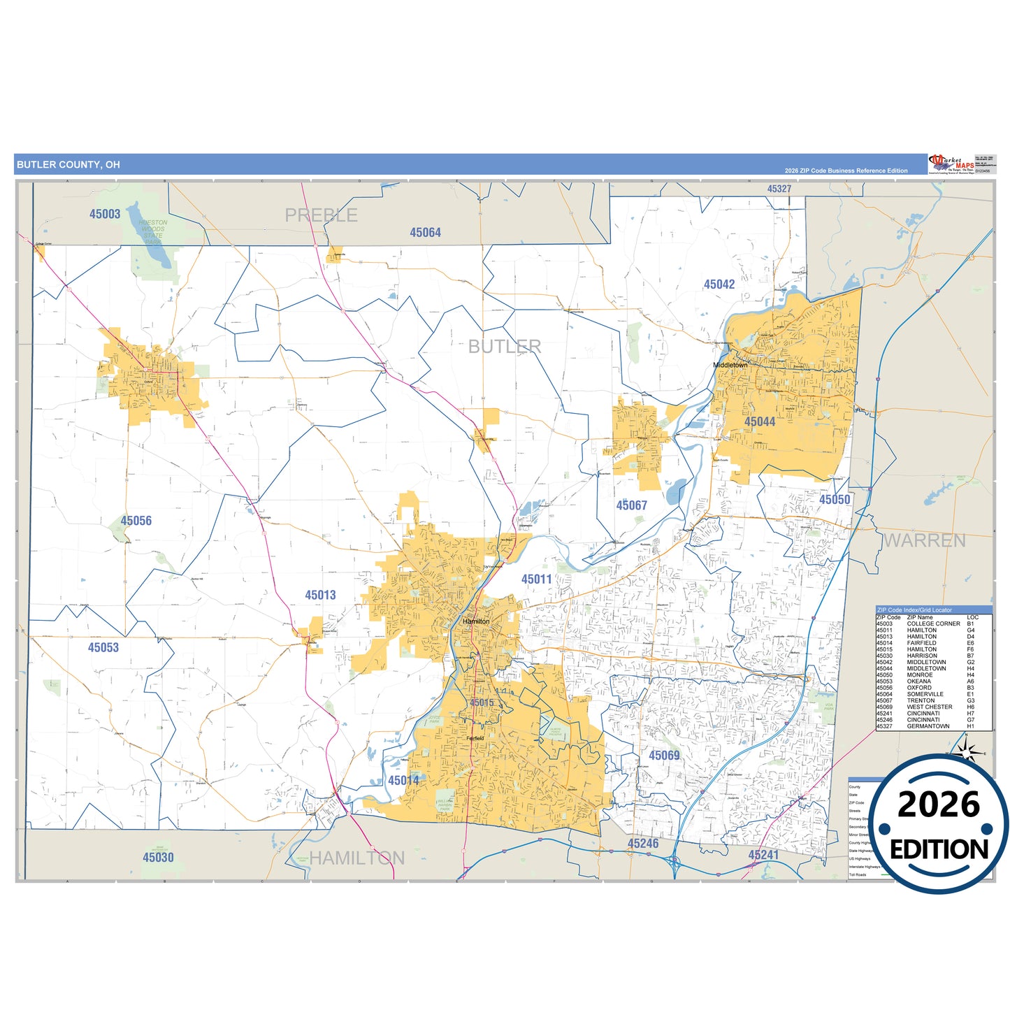 Butler County, OH Business Reference 5 Digit ZIP Code Wall Map