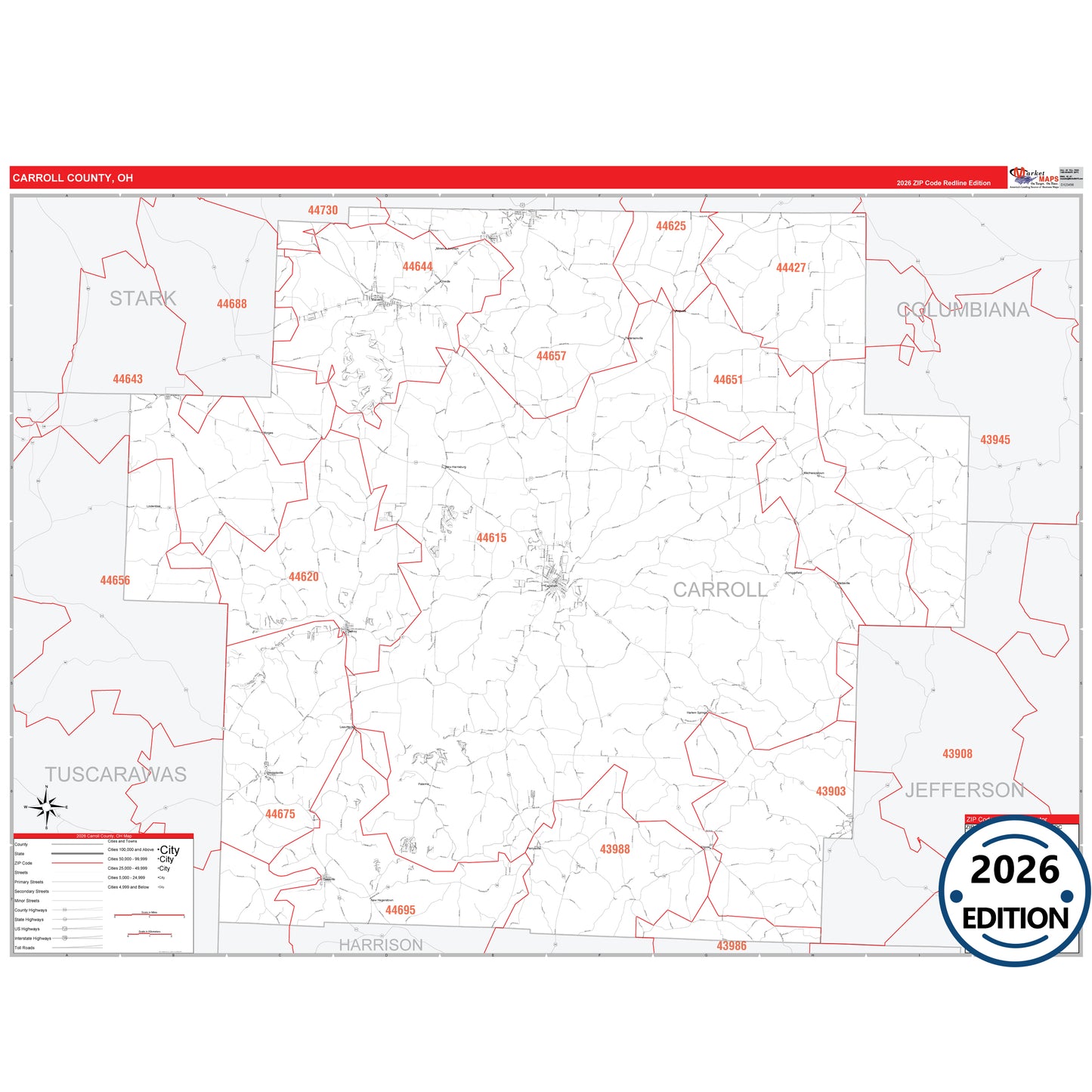 Carroll County, OH Red Line 5 Digit ZIP Code Wall Map