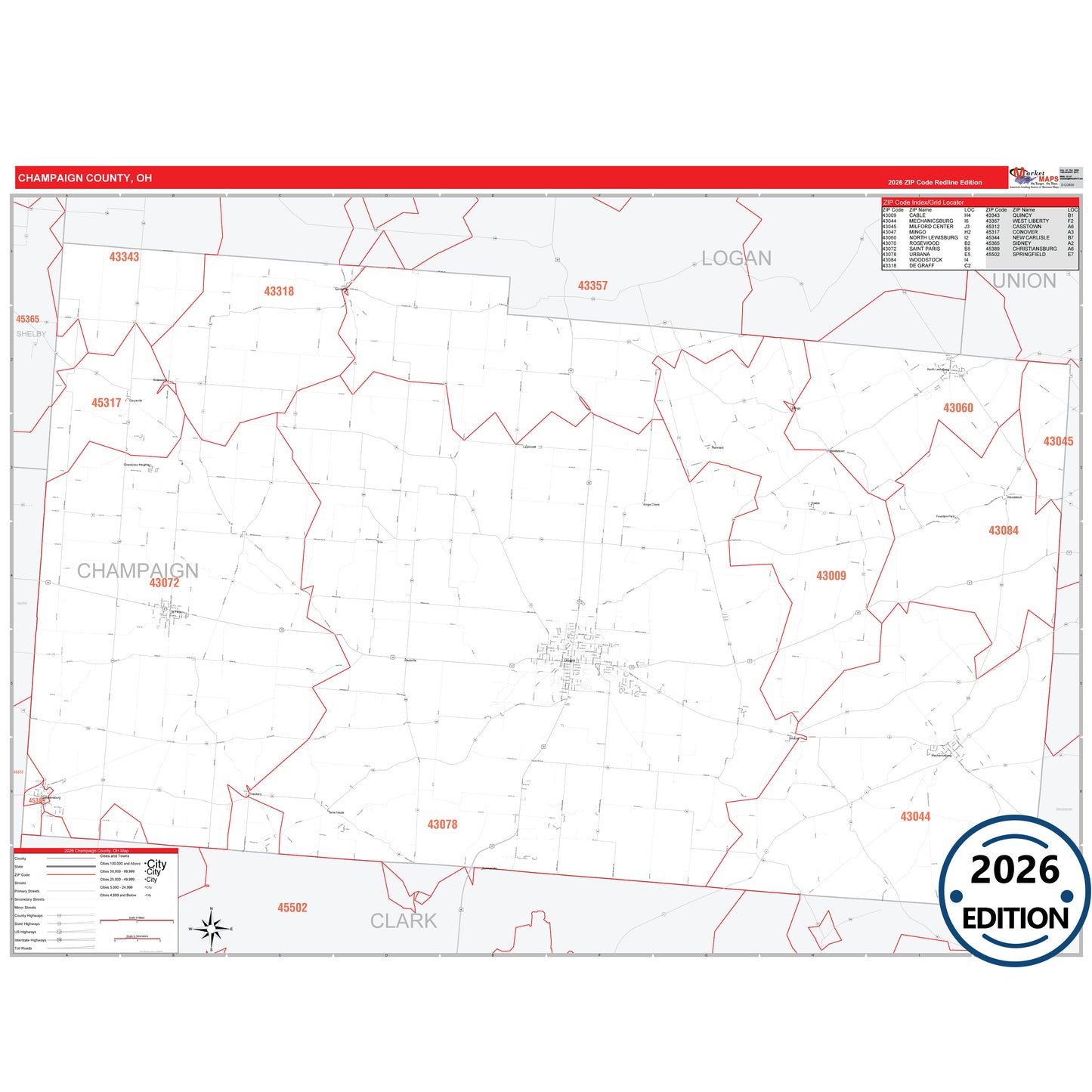 Champaign County, OH Red Line 5 Digit ZIP Code Wall Map
