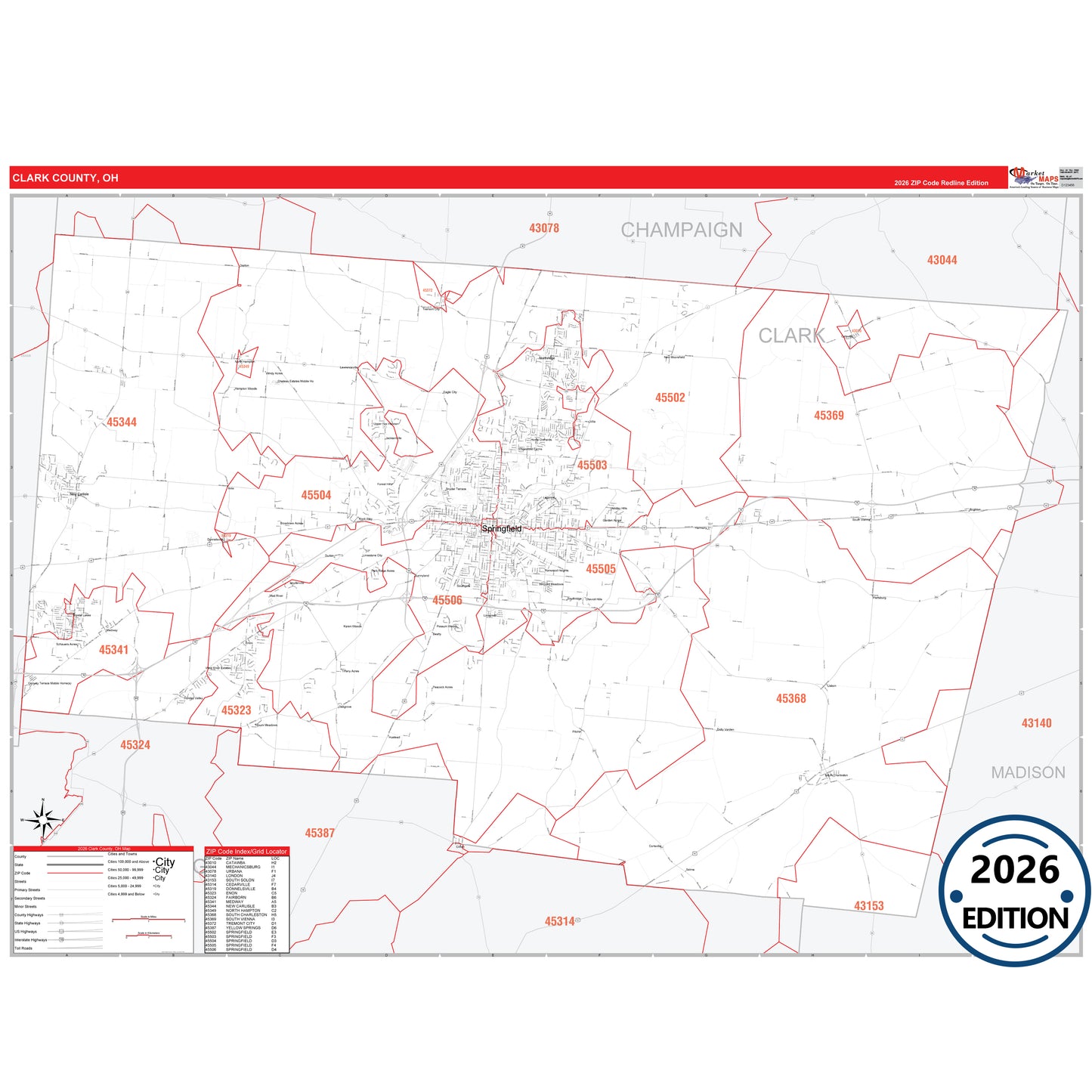 Clark County, OH Red Line 5 Digit ZIP Code Wall Map