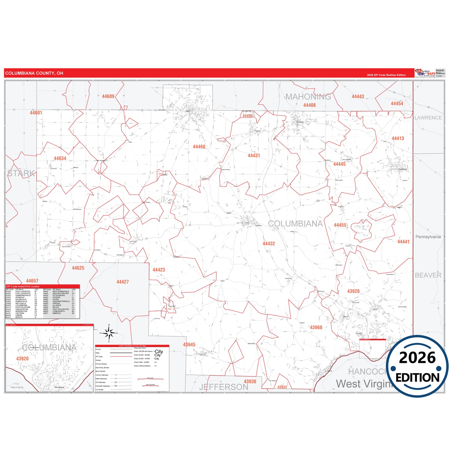 Columbiana County, OH Red Line 5 Digit ZIP Code Wall Map