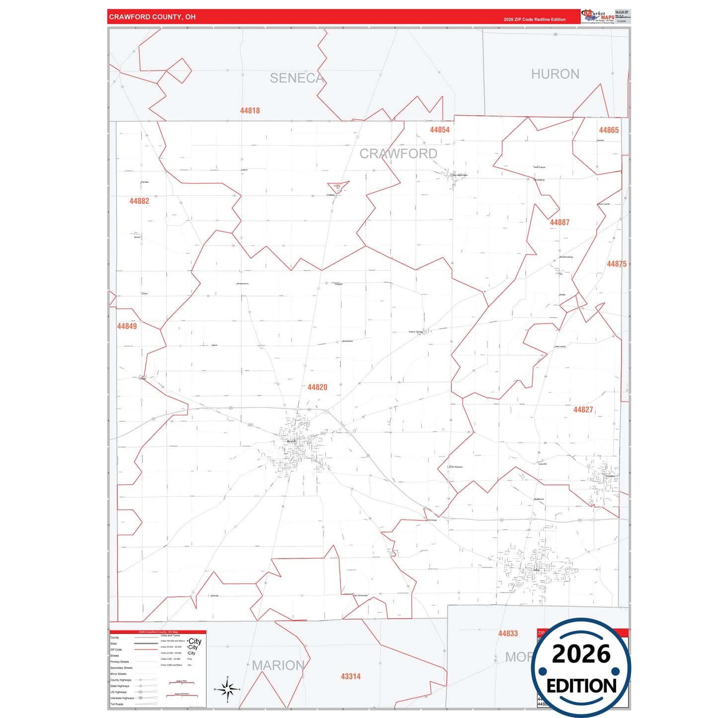 Crawford County, OH Red Line 5 Digit ZIP Code Wall Map