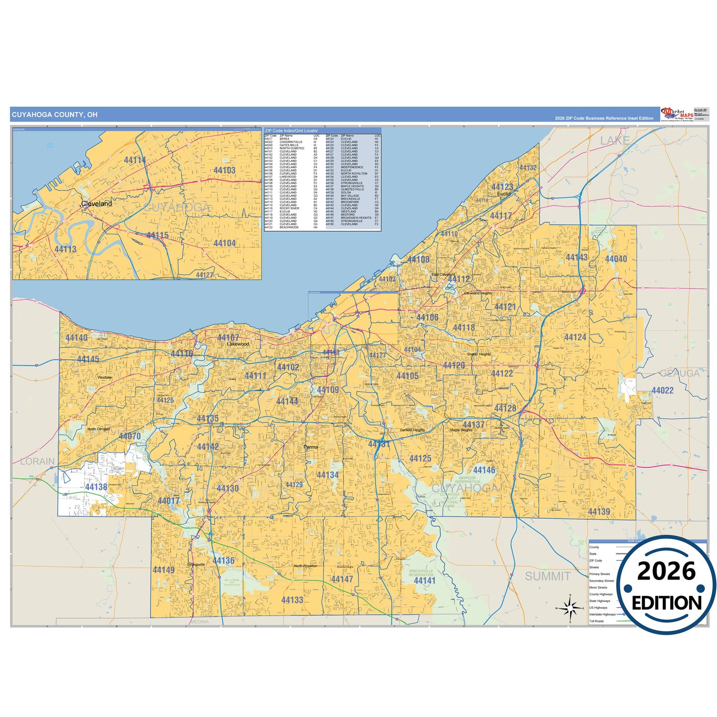 Cuyahoga County, OH Business Reference 5 Digit ZIP Code Wall Map