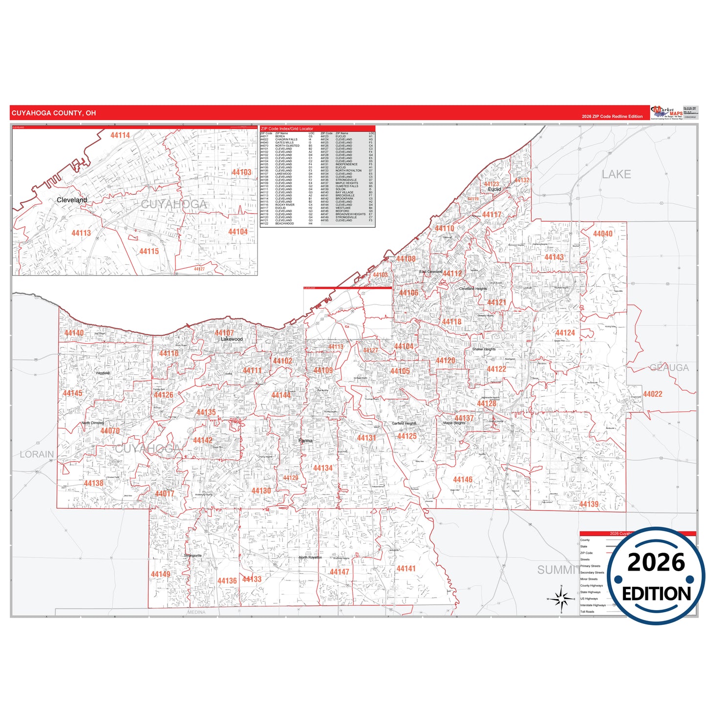 Cuyahoga County, OH Red Line 5 Digit ZIP Code Wall Map