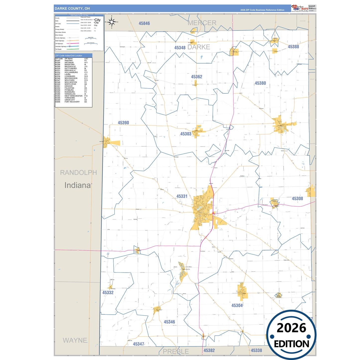 Darke County, OH Business Reference 5 Digit ZIP Code Wall Map