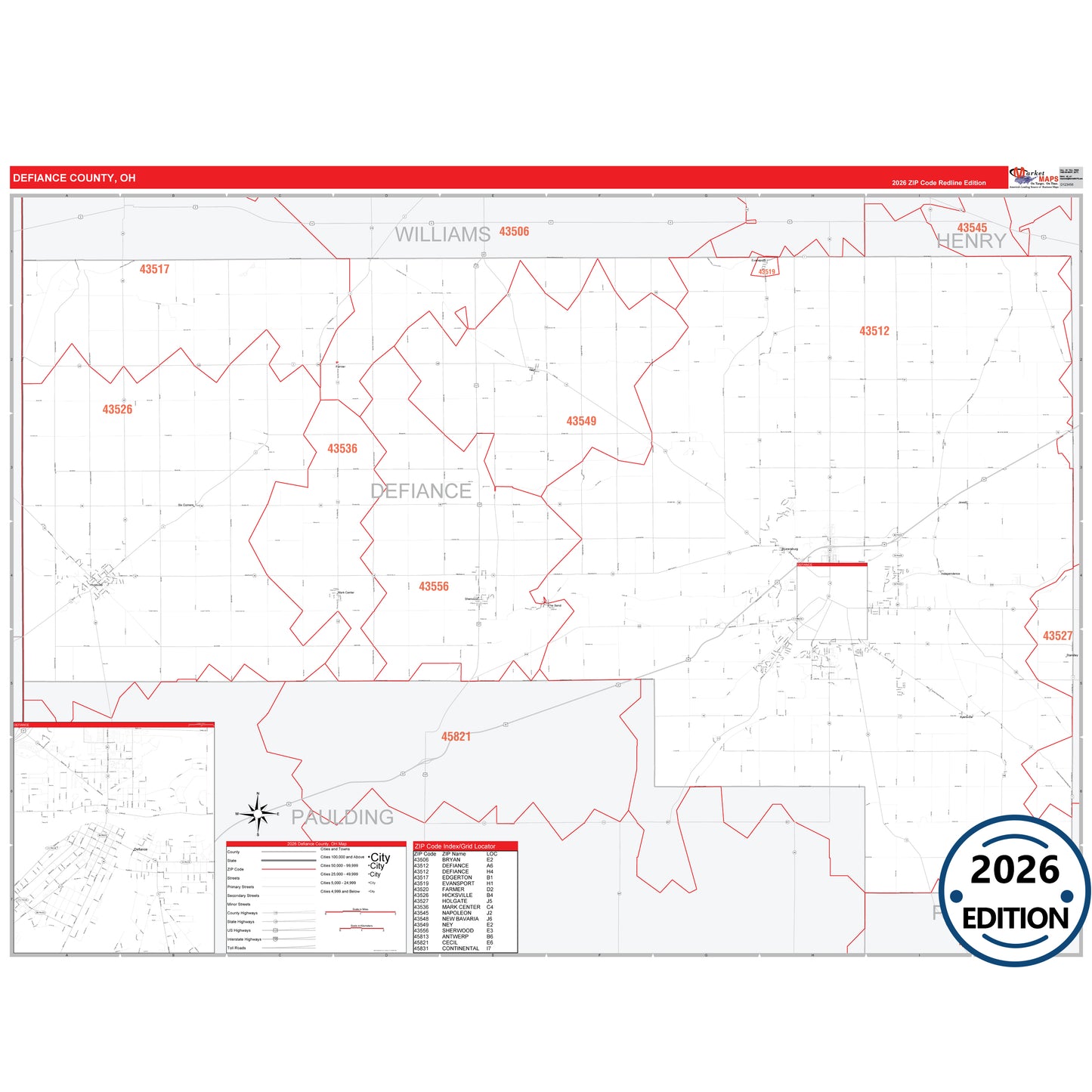 Defiance County, OH Red Line 5 Digit ZIP Code Wall Map