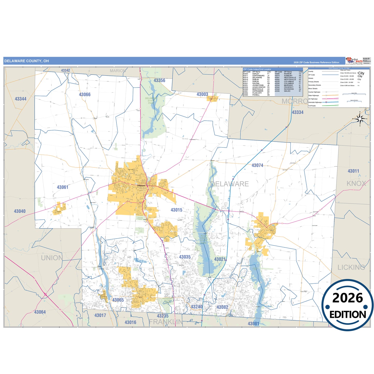 Delaware County, OH Business Reference 5 Digit ZIP Code Wall Map