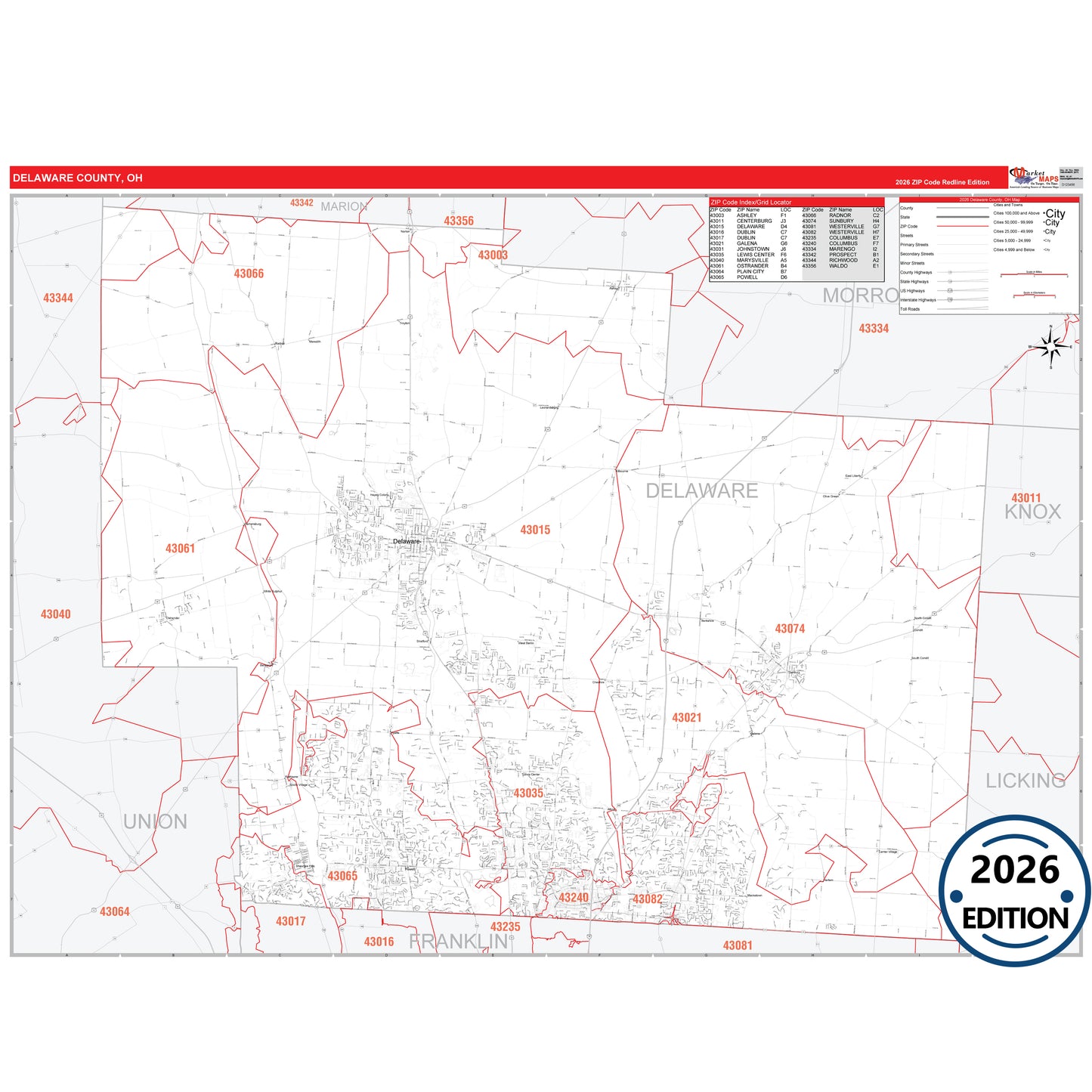 Delaware County, OH Red Line 5 Digit ZIP Code Wall Map