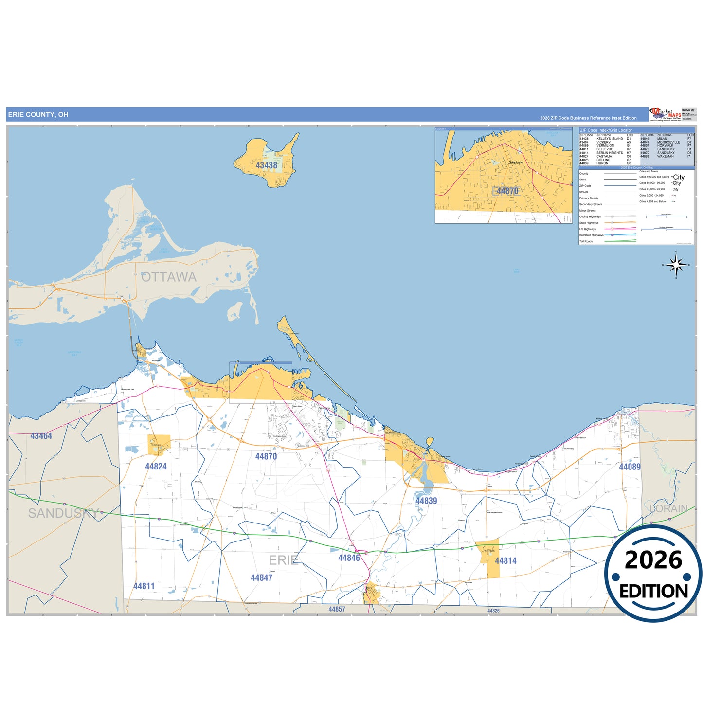 Erie County, OH Business Reference 5 Digit ZIP Code Wall Map
