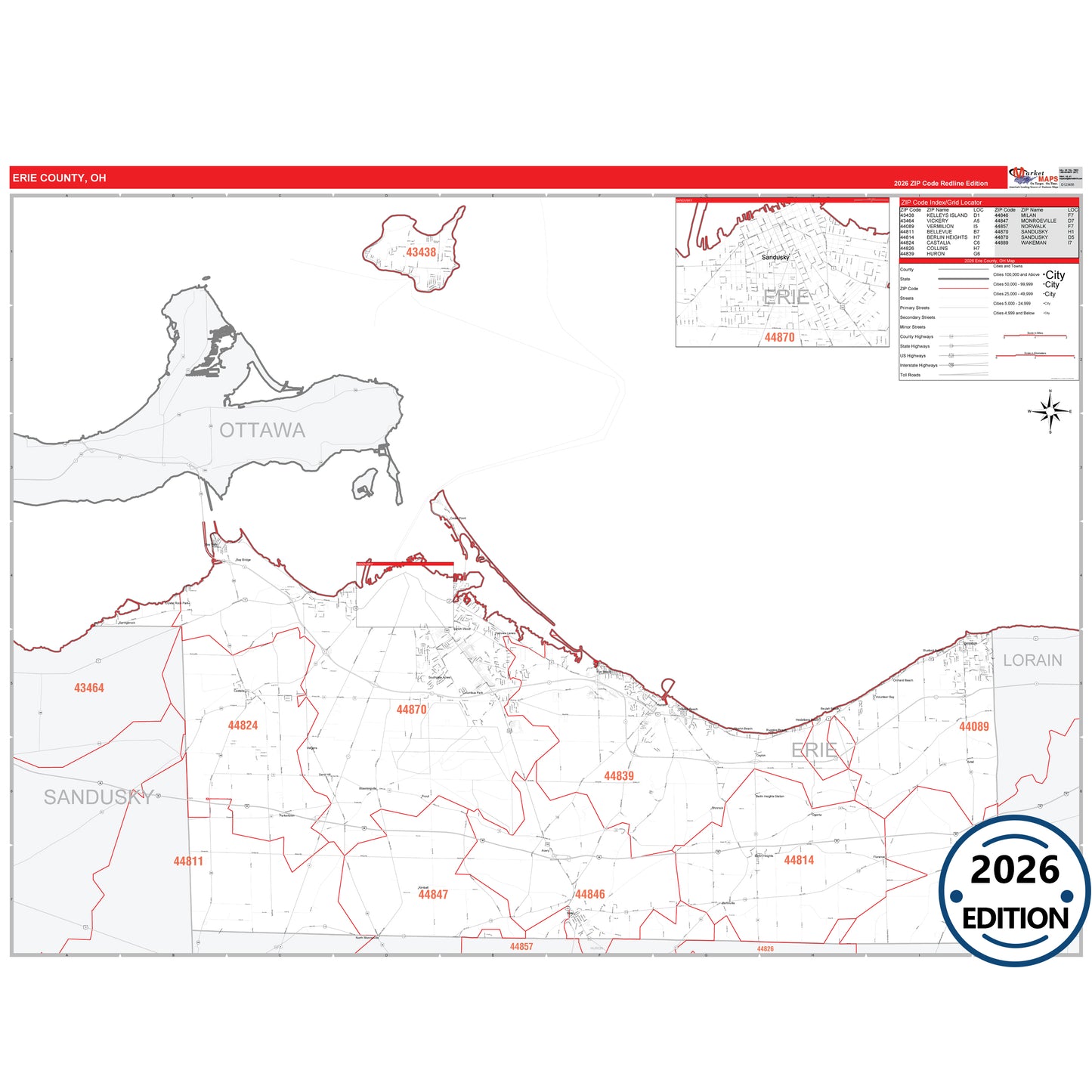 Erie County, OH Red Line 5 Digit ZIP Code Wall Map