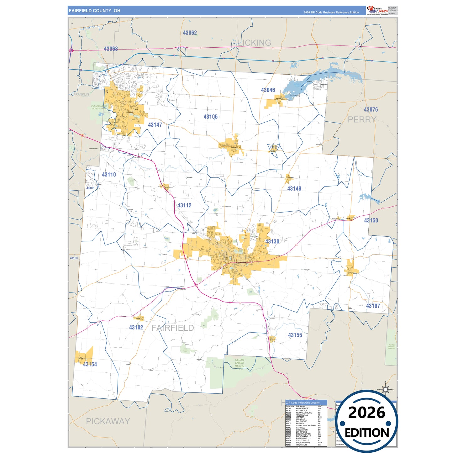 Fairfield County, OH Business Reference 5 Digit ZIP Code Wall Map