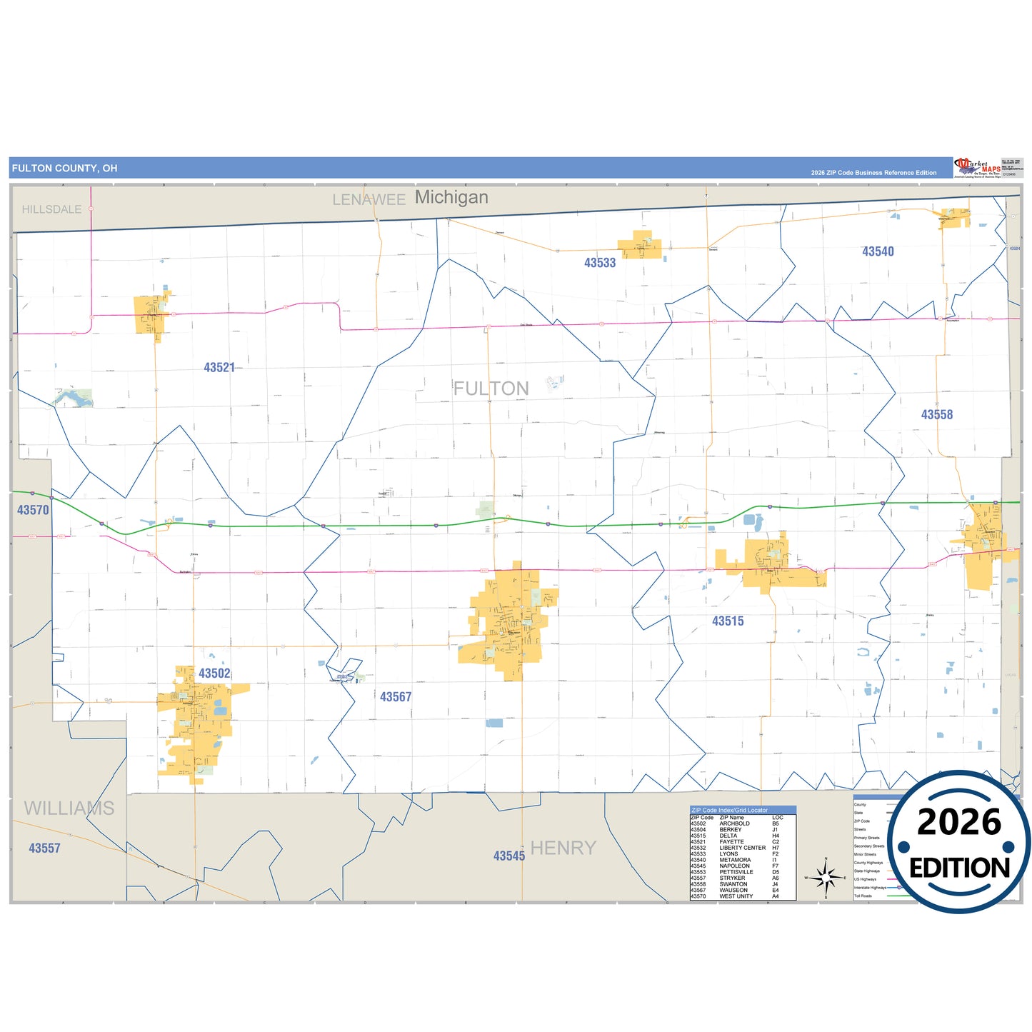 Fulton County, OH Business Reference 5 Digit ZIP Code Wall Map