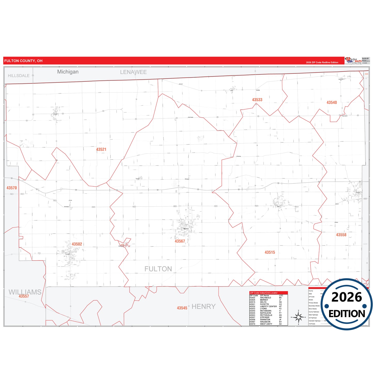 Fulton County, OH Red Line 5 Digit ZIP Code Wall Map