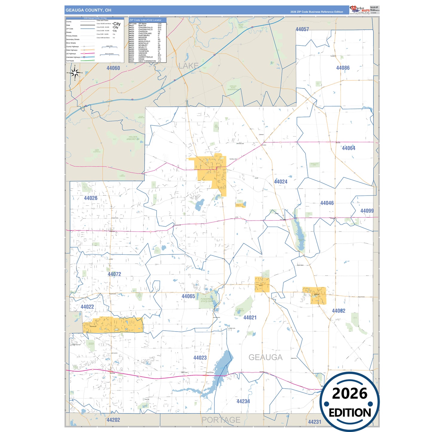 Geauga County, OH Business Reference 5 Digit ZIP Code Wall Map