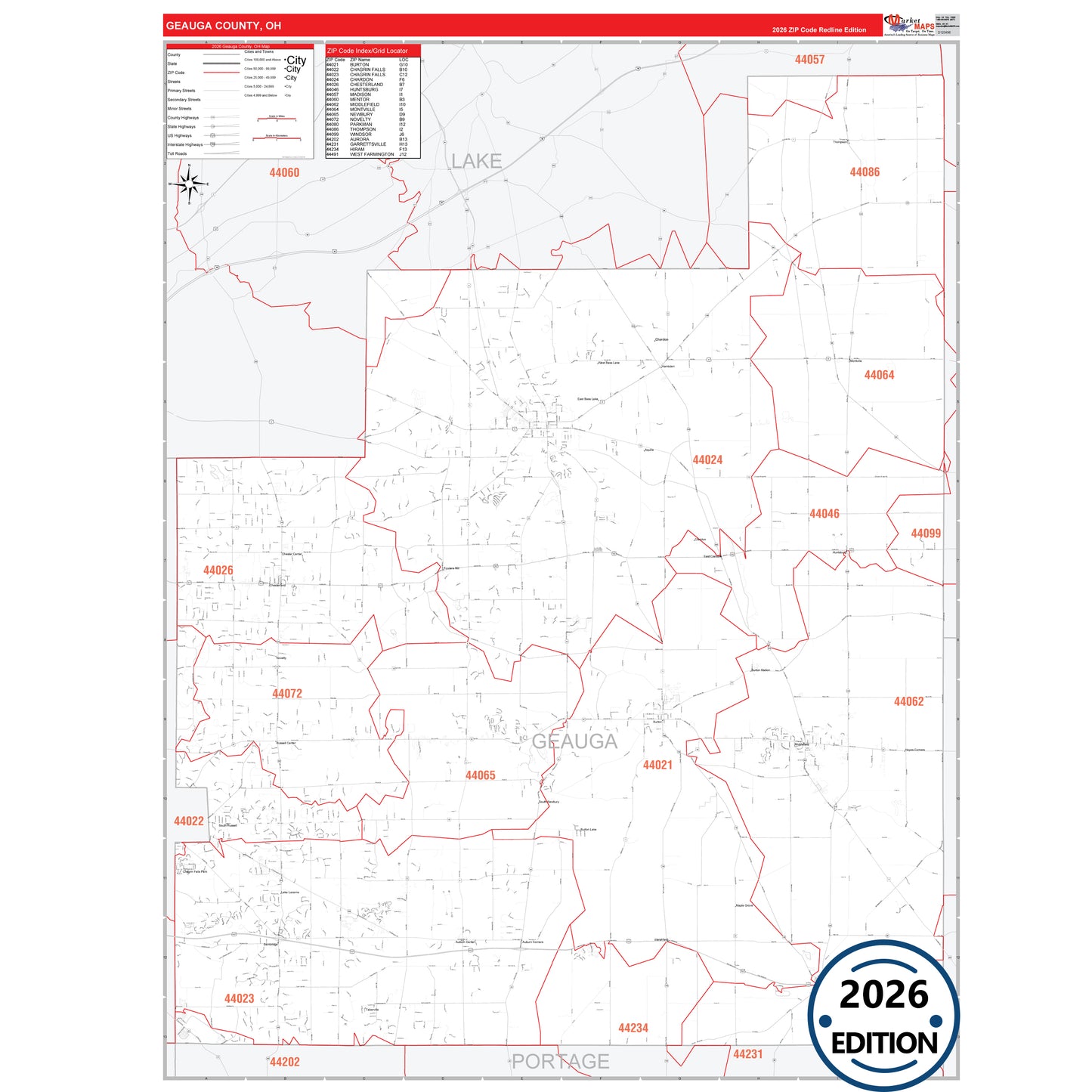 Geauga County, OH Red Line 5 Digit ZIP Code Wall Map