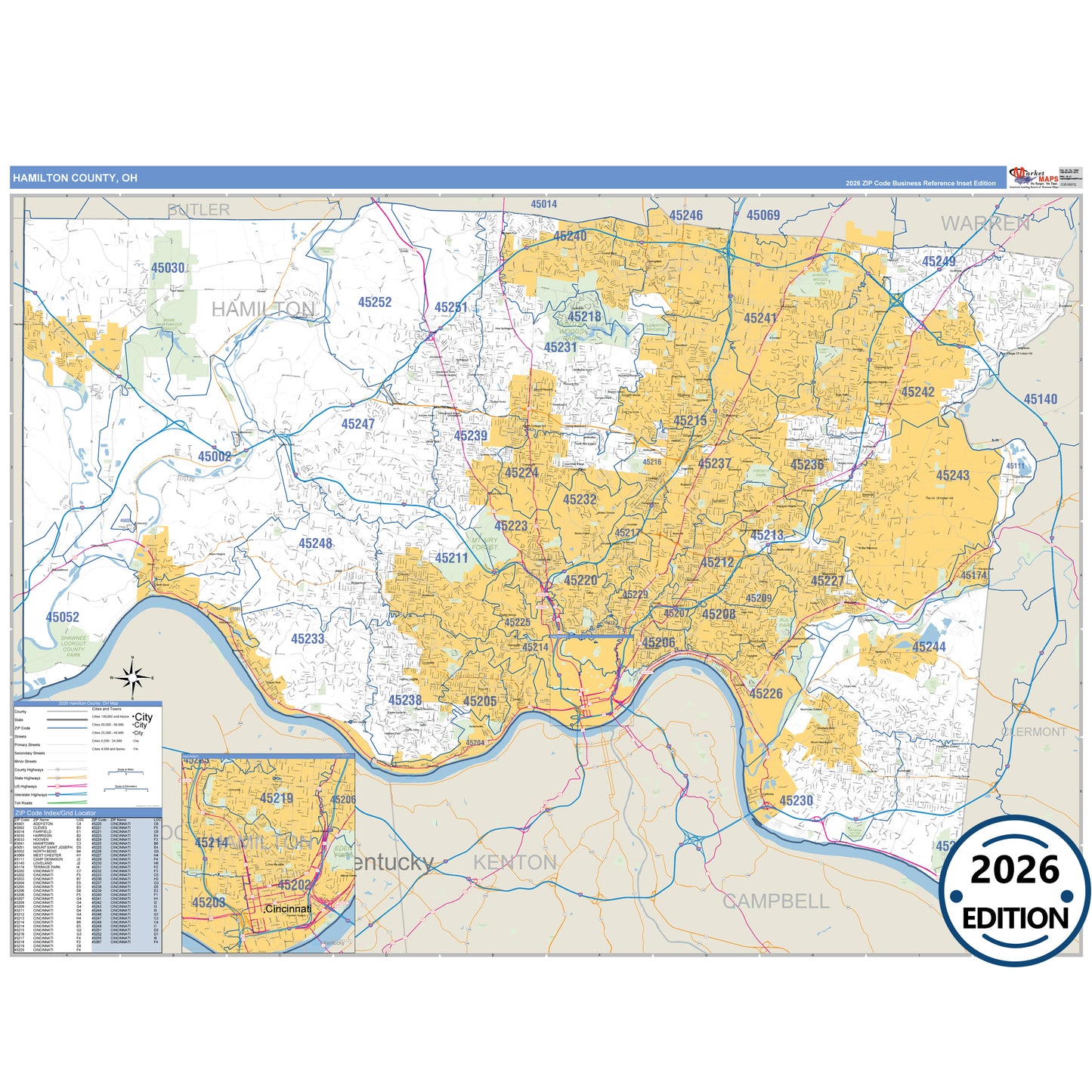 Hamilton County, OH Business Reference 5 Digit ZIP Code Wall Map