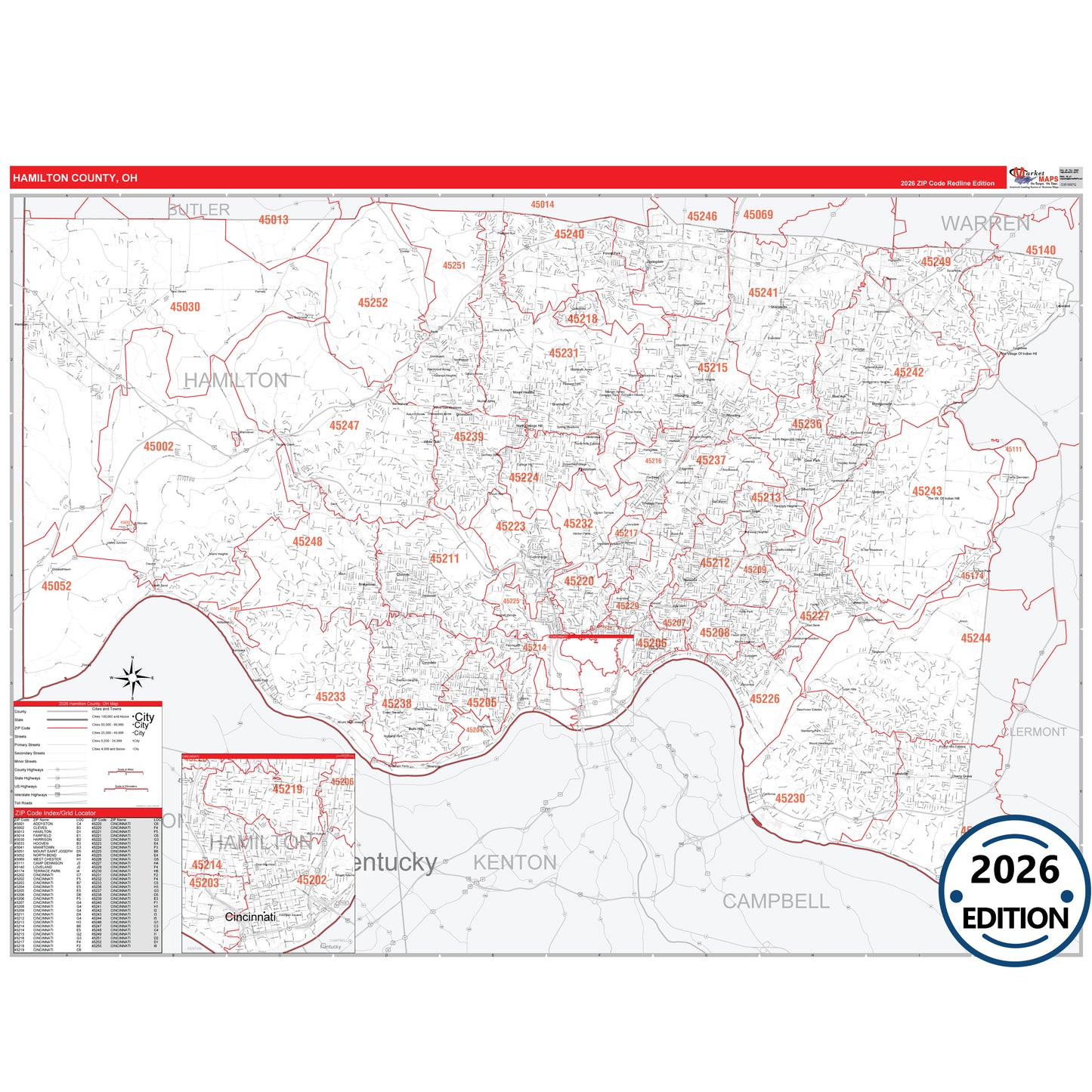 Hamilton County, OH Red Line 5 Digit ZIP Code Wall Map