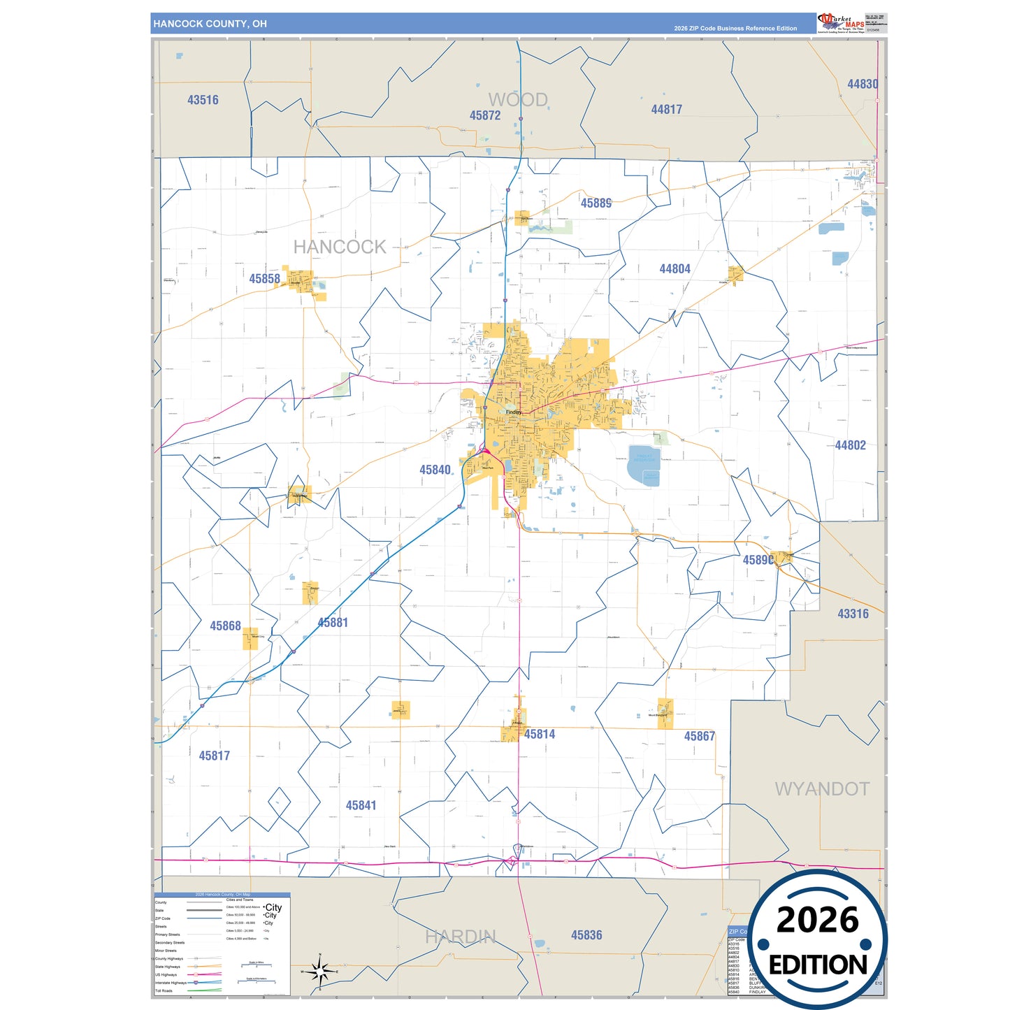 Hancock County, OH Business Reference 5 Digit ZIP Code Wall Map